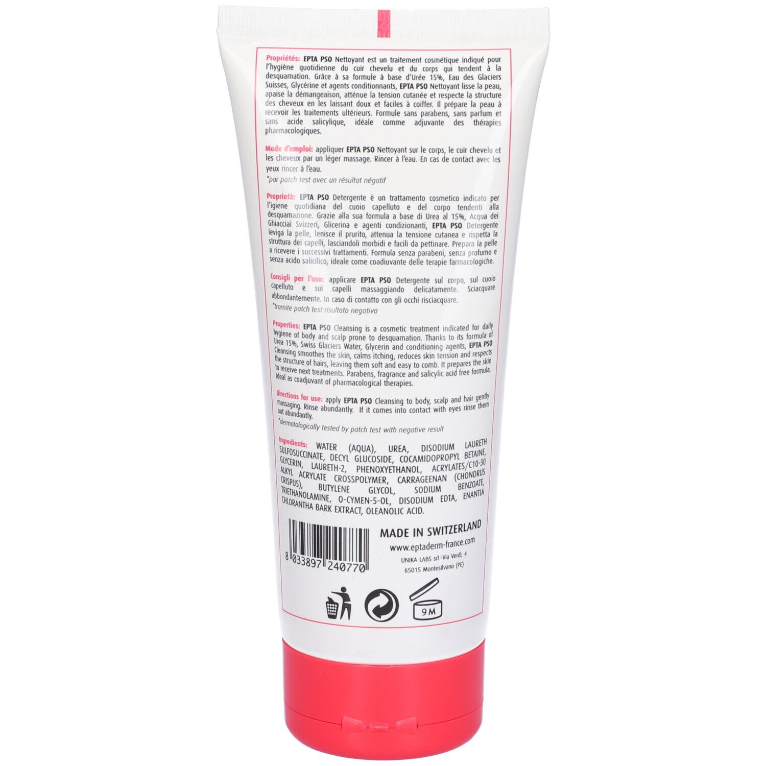 Retro del tubo. Testo multilingue. Ingredienti e informazioni del produttore.