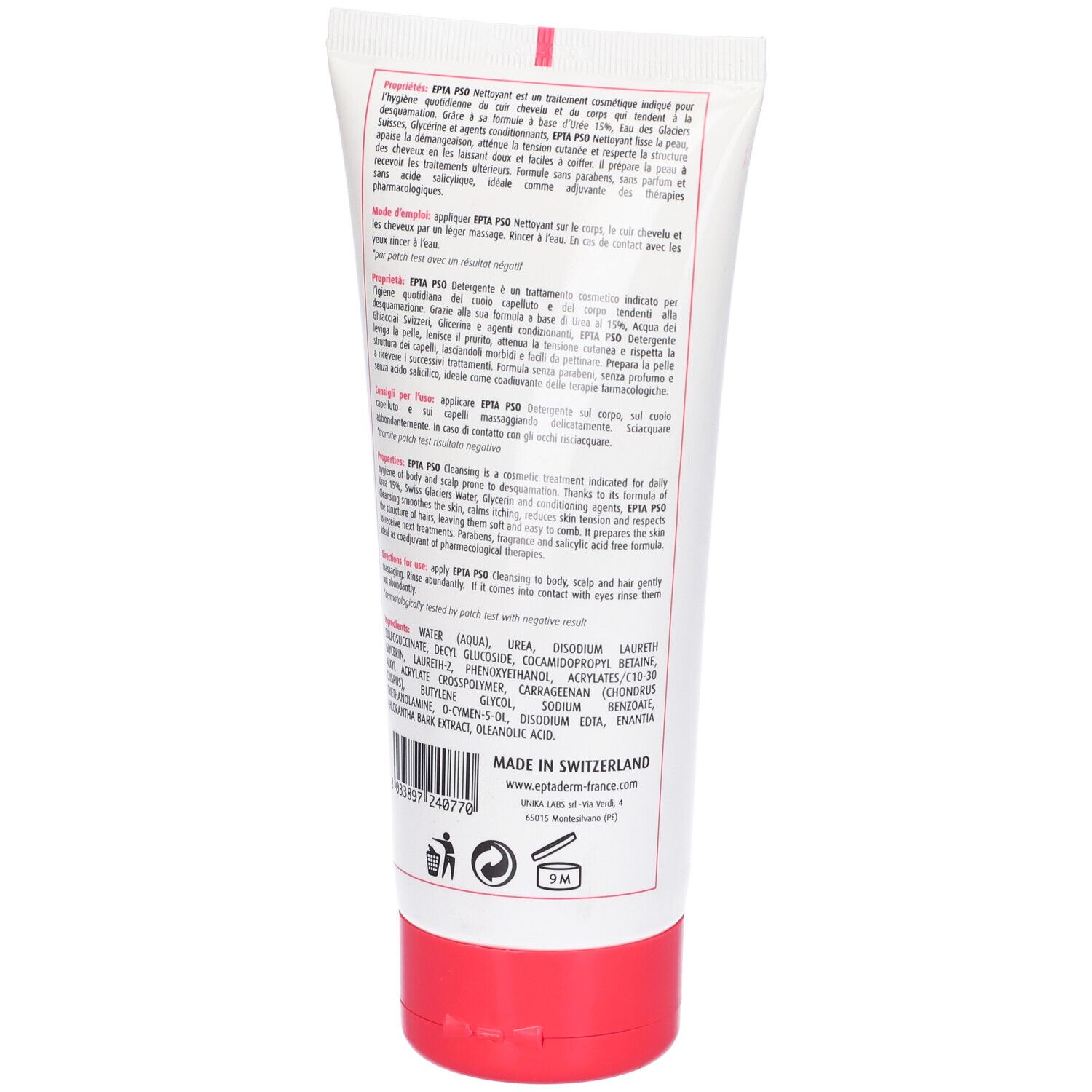 Retro del tubo. Testo multilingue. Ingredienti e informazioni del produttore.