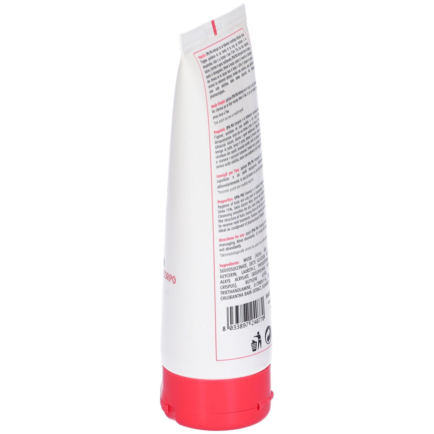 Vista obliqua del tubo. Testo multilingue. Tappo rosso.