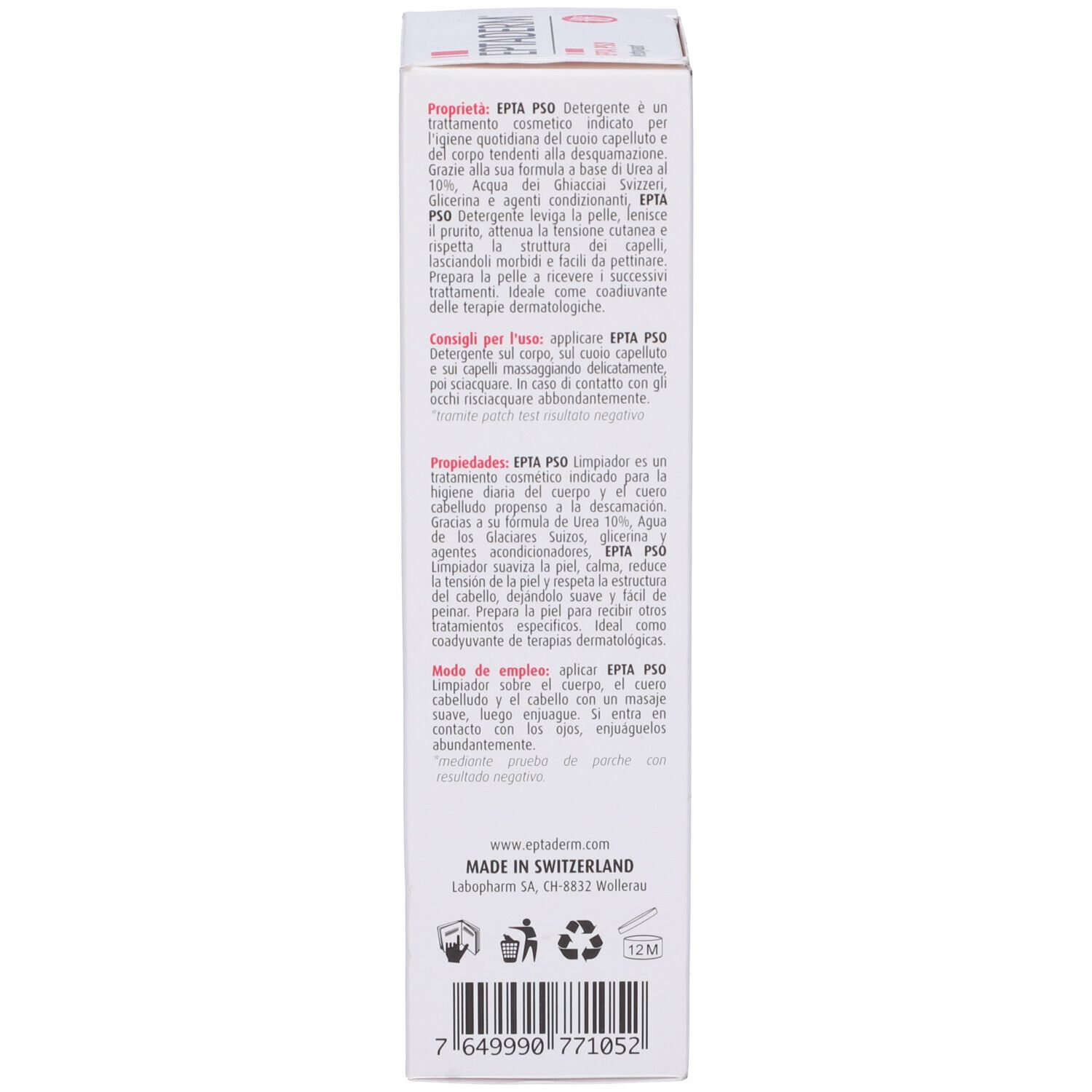 Confezione di cartone. Testo multilingue. Informazioni del produttore. Bianco e rosso.