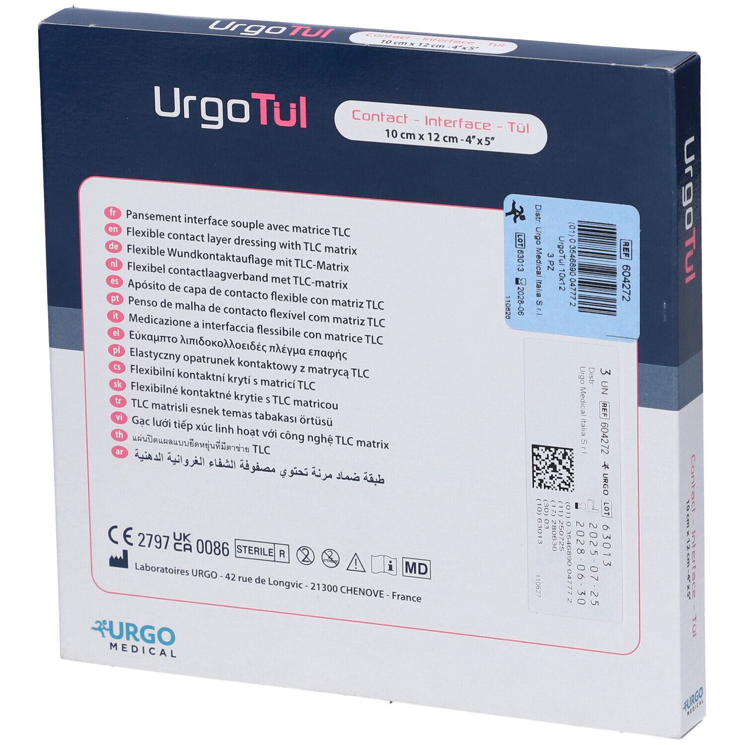 Rückseite der UrgoTul Verpackung mit Produktinformationen und CE-Zeichen.