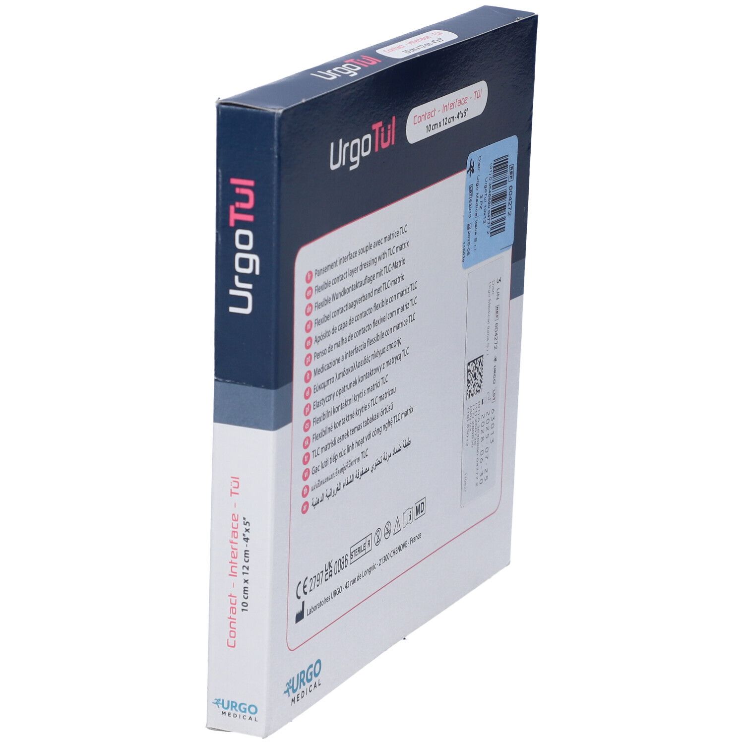 Verpackung UrgoTul Kontakt-Interface-Tuch, 10x12 cm, Rückseitenansicht.