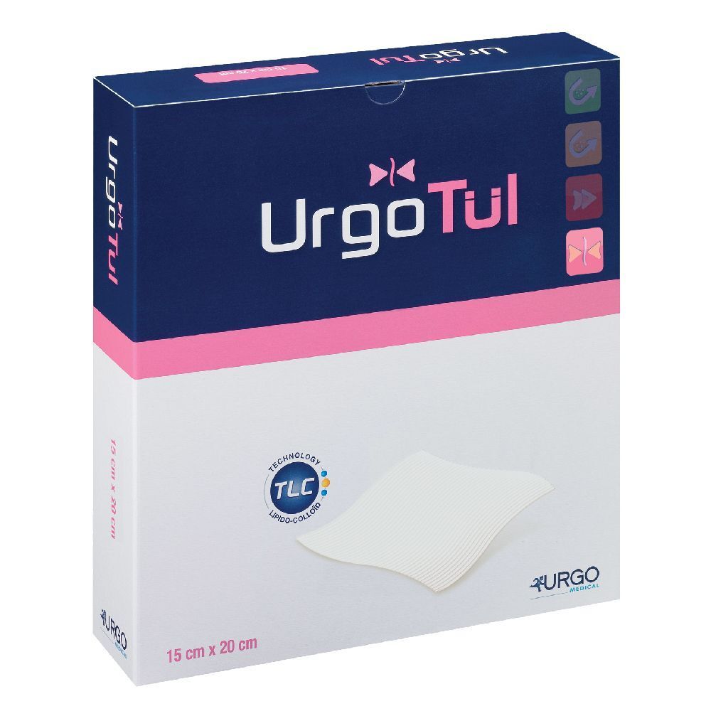 Confezione di medicazioni UrgoTül. Scatola blu e bianca con dettagli rosa. Nome del prodotto e logo ben visibili.
