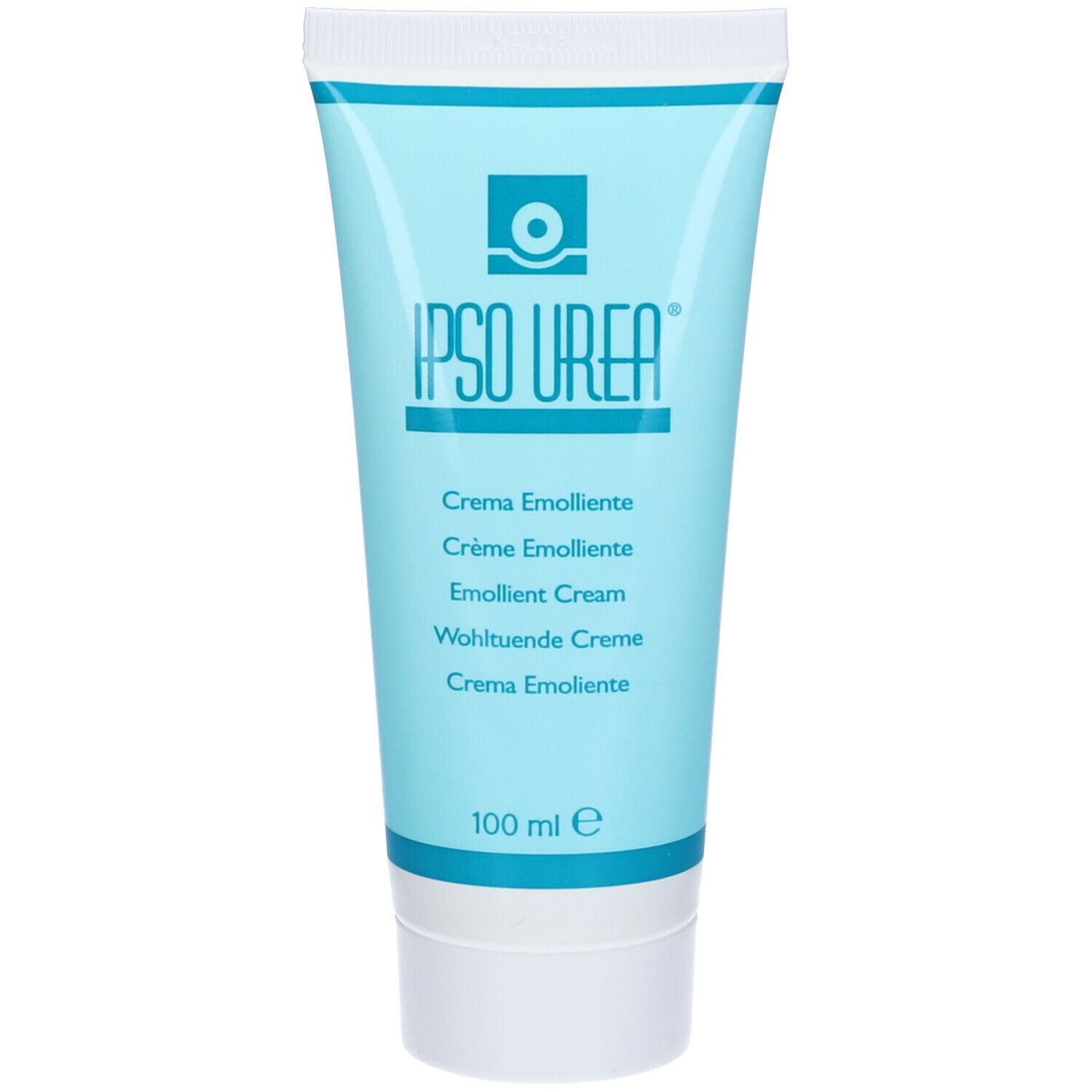 Tubo azzurro con tappo bianco. Scritta IPSO UREA e nome del prodotto in più lingue.