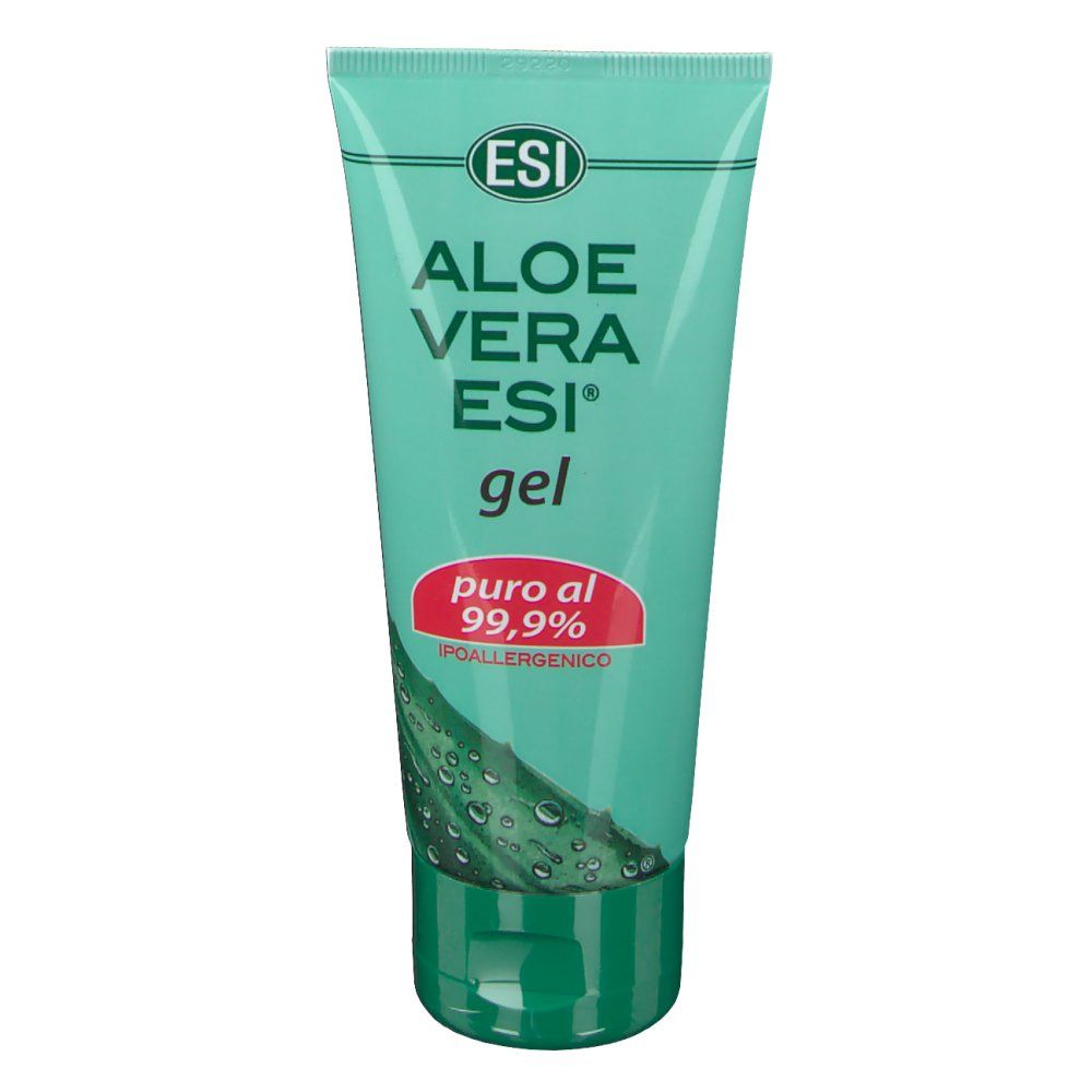 Grüne Tube mit ESI® Aloe Vera Gel. Aufschrift: Aloe Vera ESI® gel, puro al 99,9%, ipoallergenico.