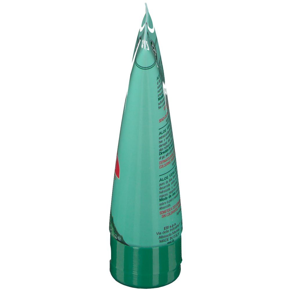 Seitenansicht der grünen Tube. Aufschrift und Aloe Vera Blatt sichtbar.