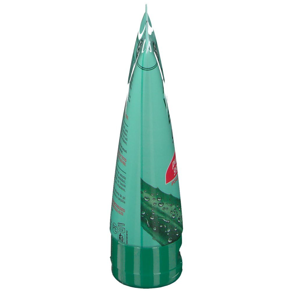 Seitenansicht der grünen Tube. Aufschrift und Aloe Vera Blatt sichtbar.