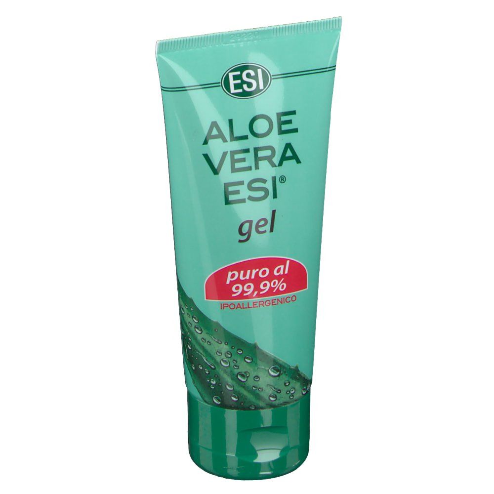 Grüne Tube mit ESI® Aloe Vera Gel. Aufschrift: Aloe Vera ESI® gel, puro al 99,9%, ipoallergenico.