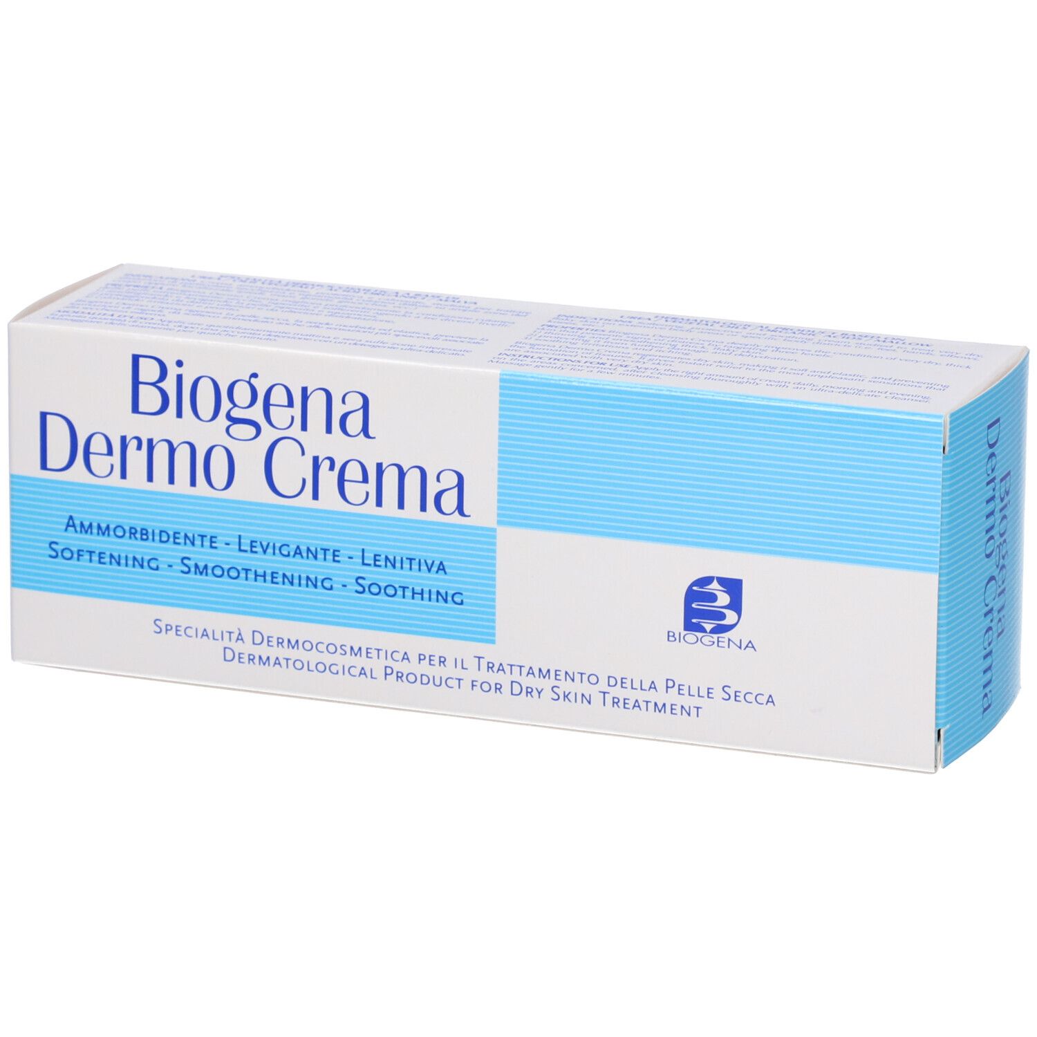 Confezione Biogena Dermo Crema. Bianca con striscia blu, nome prodotto e logo.