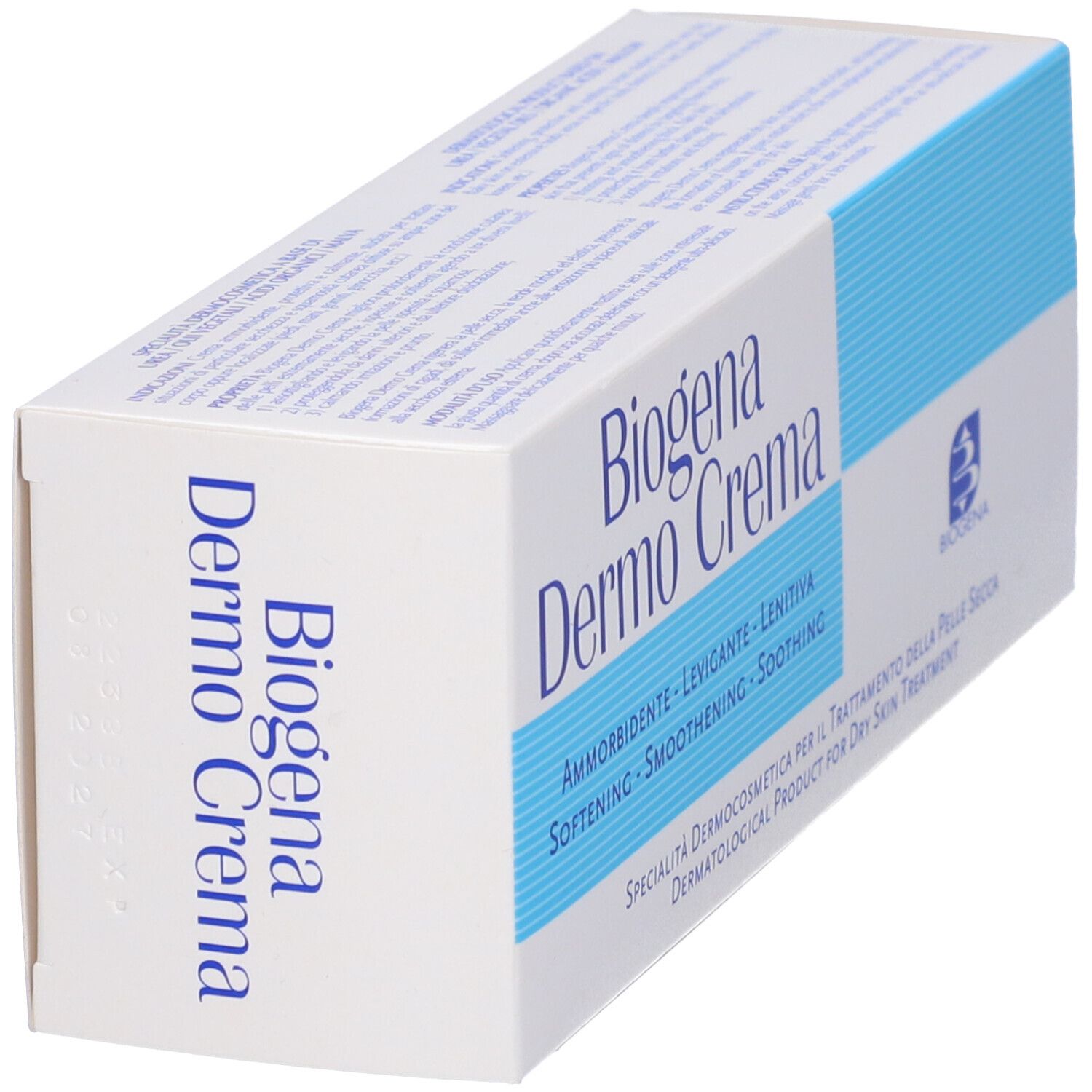 Confezione Biogena Dermo Crema, bianca con striscia blu e informazioni prodotto.