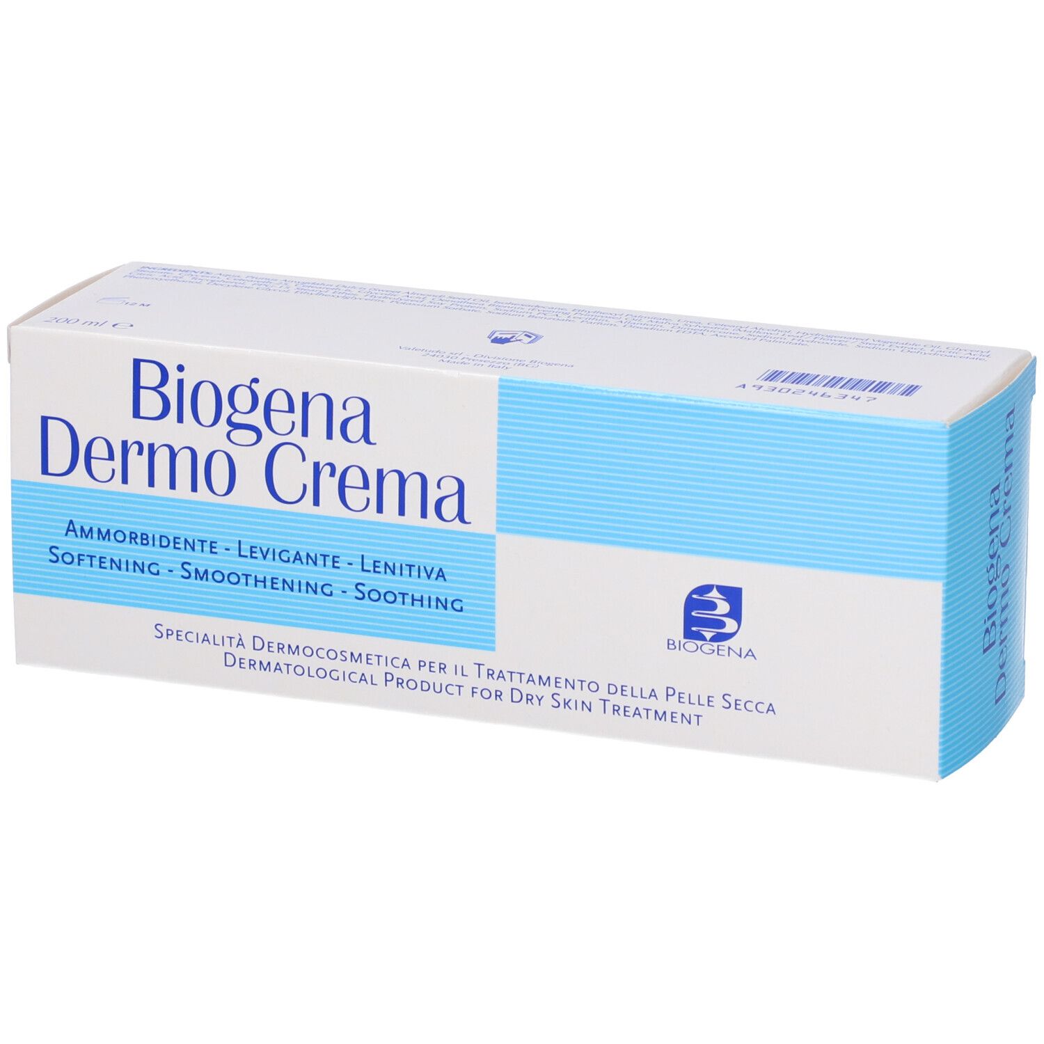 Confezione Biogena Dermo Crema, bianca con striscia blu, nome prodotto e logo.
