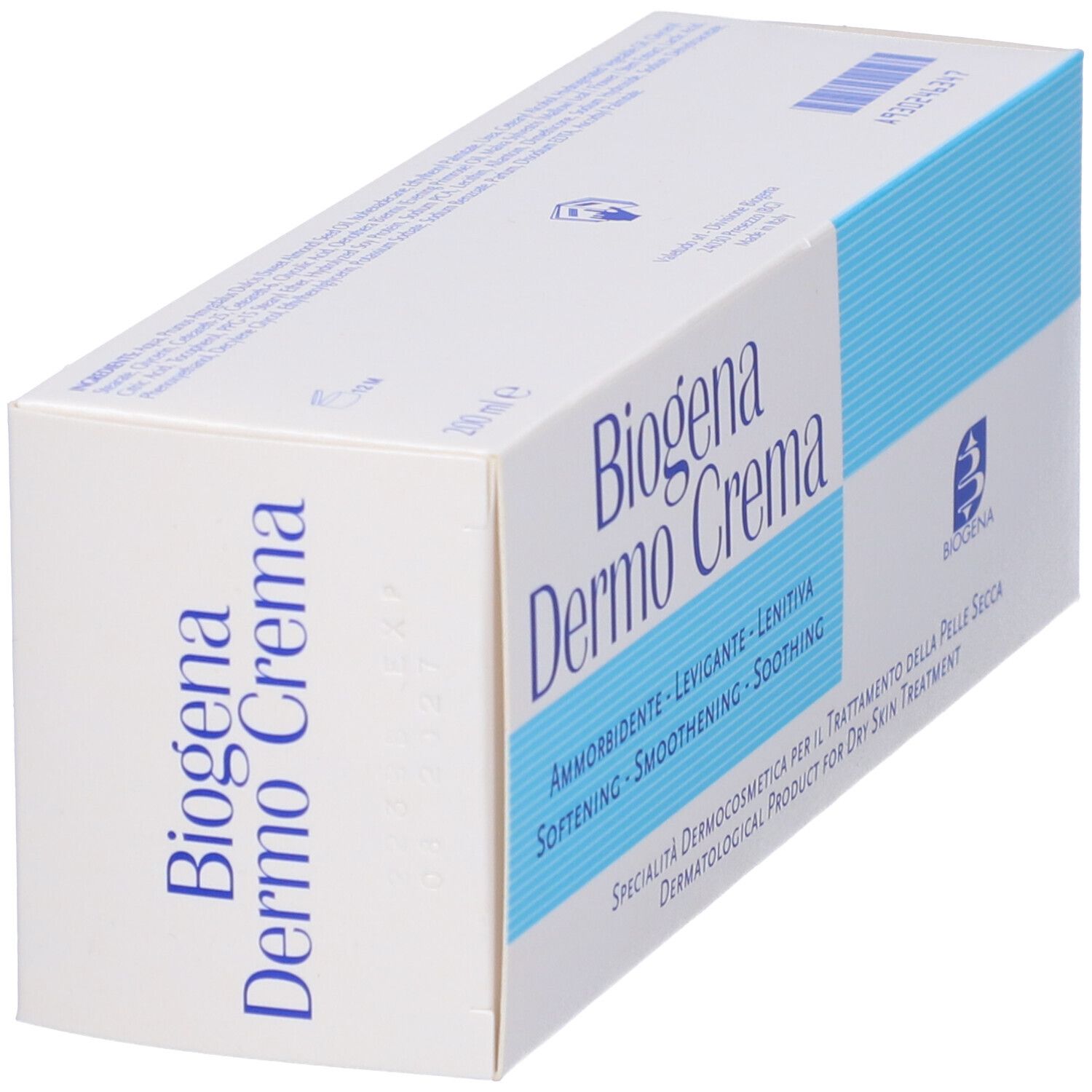 Confezione Biogena Dermo Crema, bianca con striscia blu, nome prodotto e logo.