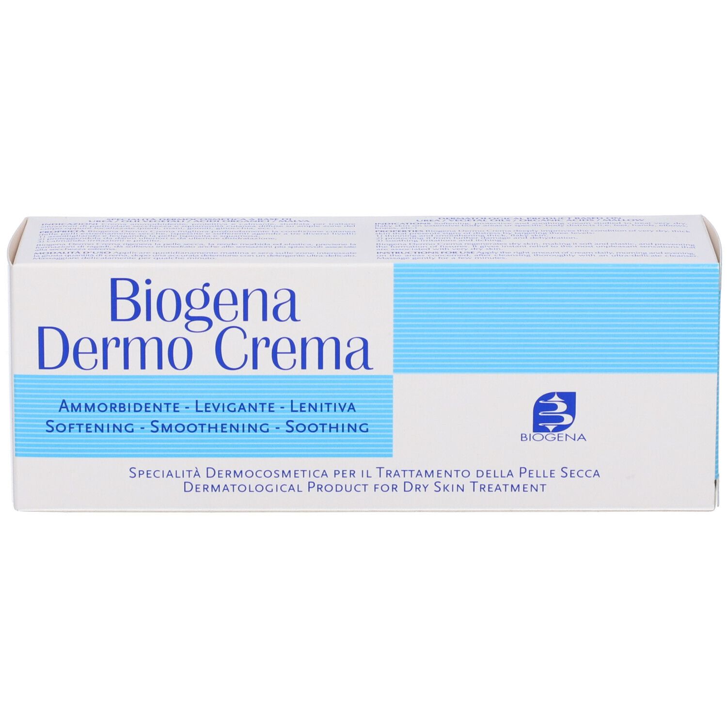 Confezione Biogena Dermo Crema, bianca con striscia blu, nome prodotto e logo.