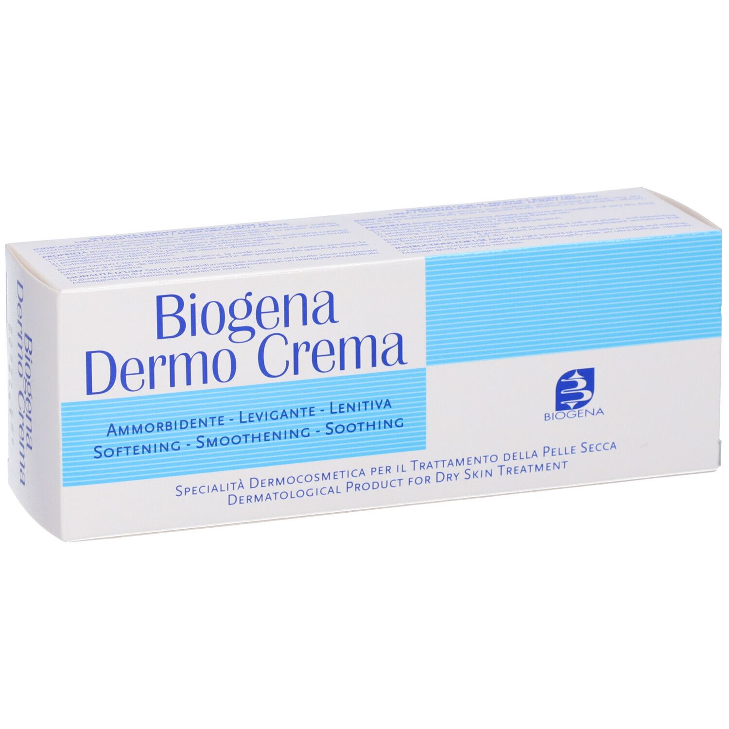 Confezione Biogena Dermo Crema, bianca con striscia blu, nome prodotto e logo.