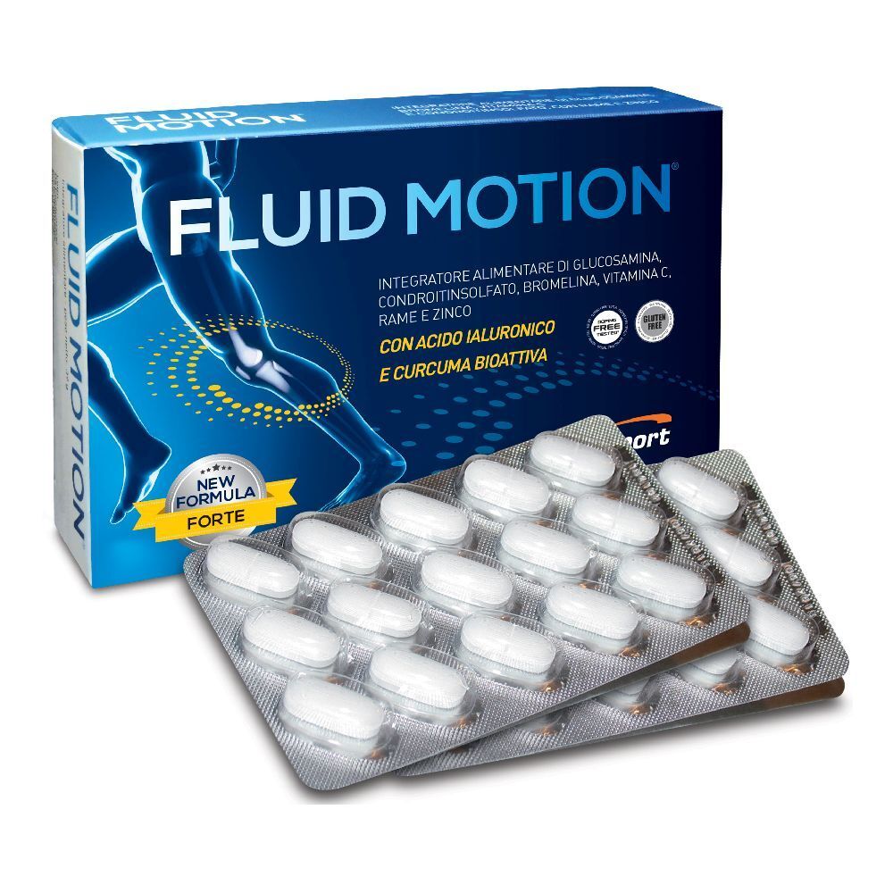 Scatola e blister di compresse bianche FLUID MOTION. Contiene glucosamina, condroitina, bromelina, vitamina C, zinco. Senza glutine.