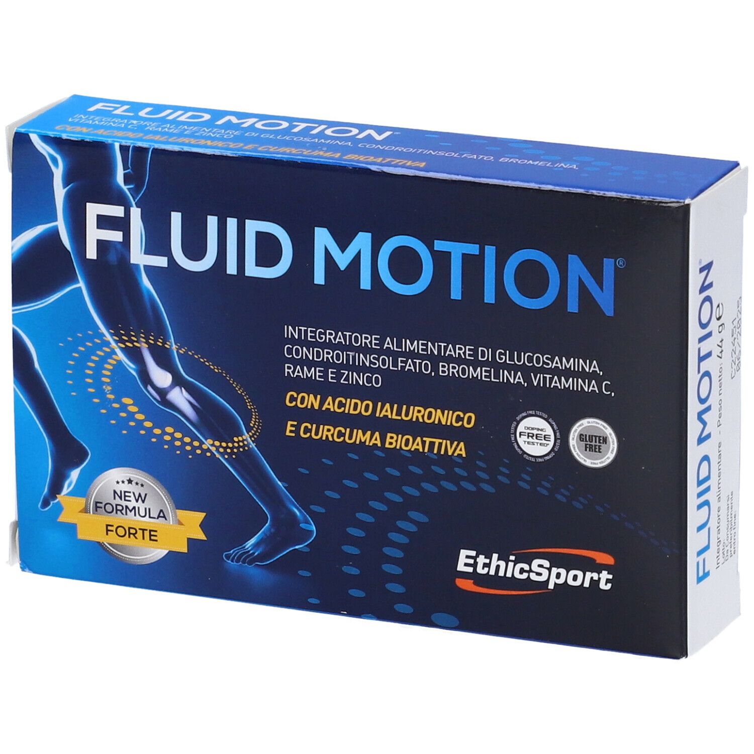 Scatola blu scuro FLUID MOTION e logo EthicSport. Contiene glucosamina, condroitina, bromelina, vitamina C, zinco. Senza glutine.