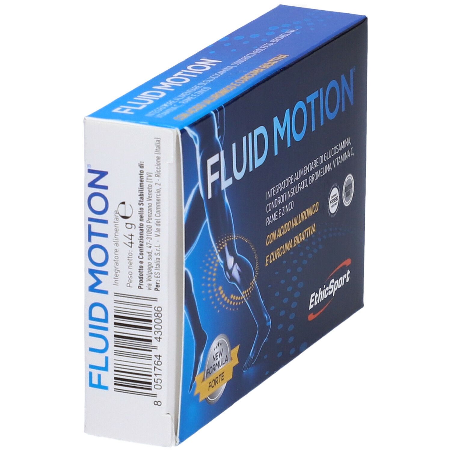 Scatola blu scuro FLUID MOTION e logo EthicSport. Contiene glucosamina, condroitina, bromelina, vitamina C, zinco. Senza glutine.