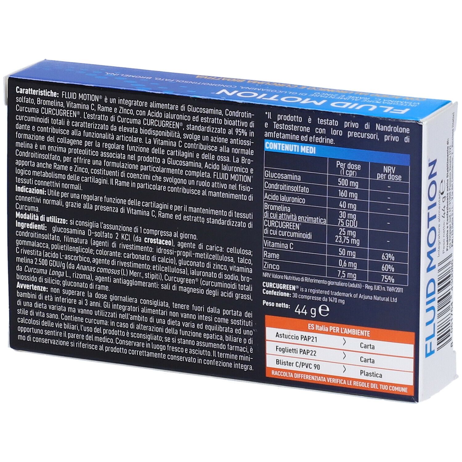 Retro della scatola FLUID MOTION. Informazioni su ingredienti, valori nutrizionali e istruzioni per l'uso. Con logo EthicSport.