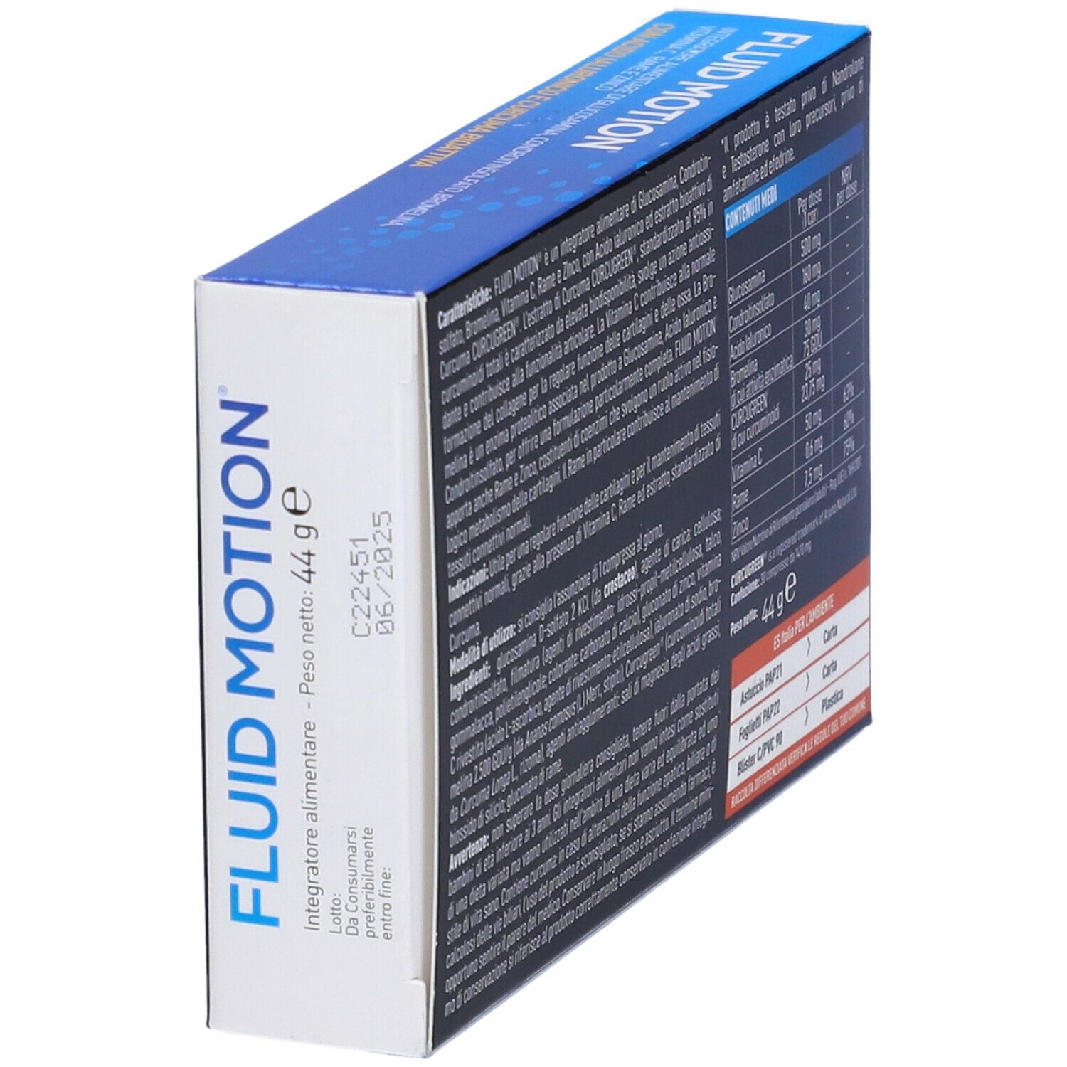 Vista laterale della scatola FLUID MOTION. Informazioni su ingredienti, valori nutrizionali e istruzioni per l'uso. Con logo EthicSport.