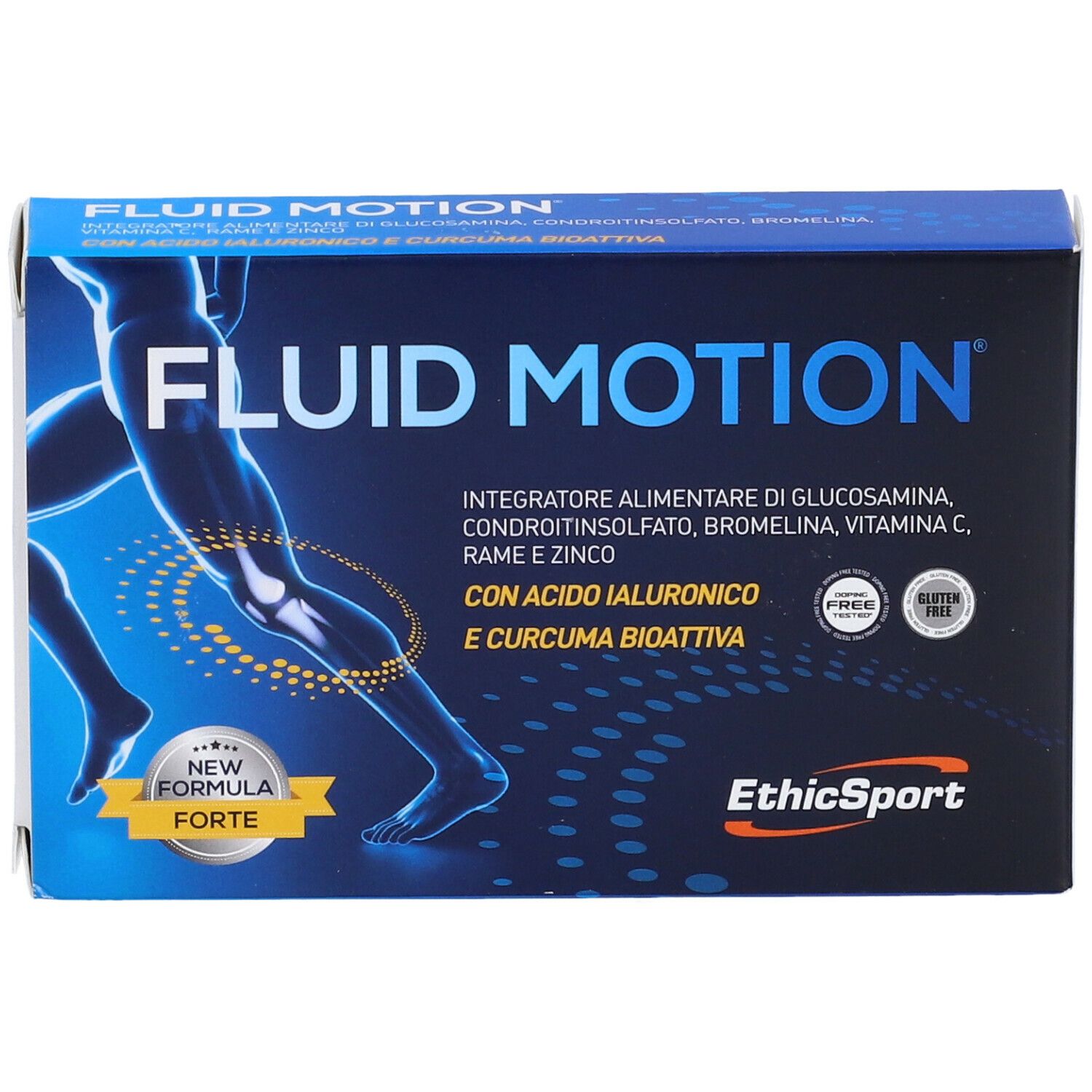 Scatola blu scuro FLUID MOTION e logo EthicSport. Contiene glucosamina, condroitina, bromelina, vitamina C, zinco. Senza glutine.