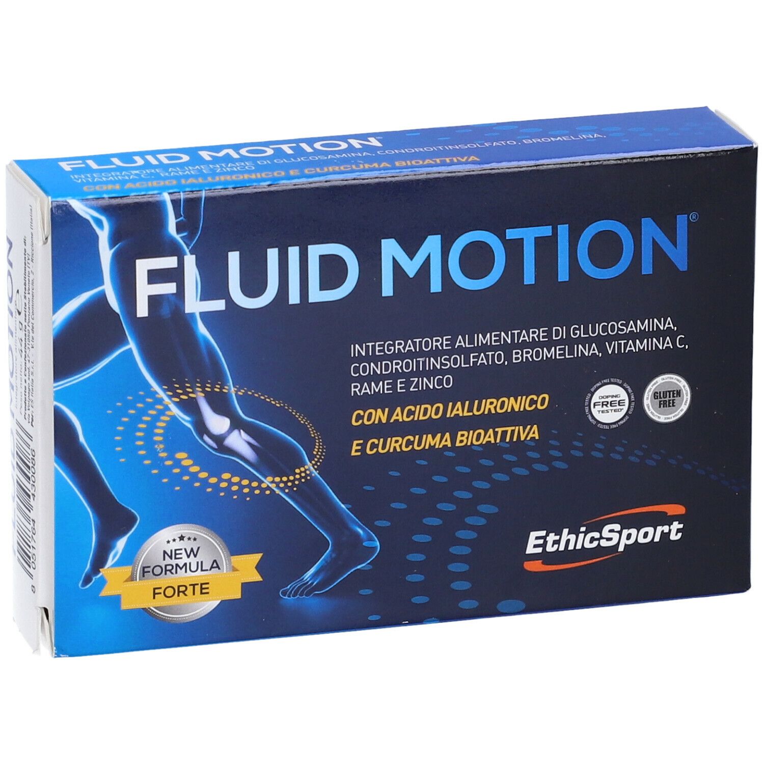 Scatola blu scuro FLUID MOTION e logo EthicSport. Contiene glucosamina, condroitina, bromelina, vitamina C, zinco. Senza glutine.
