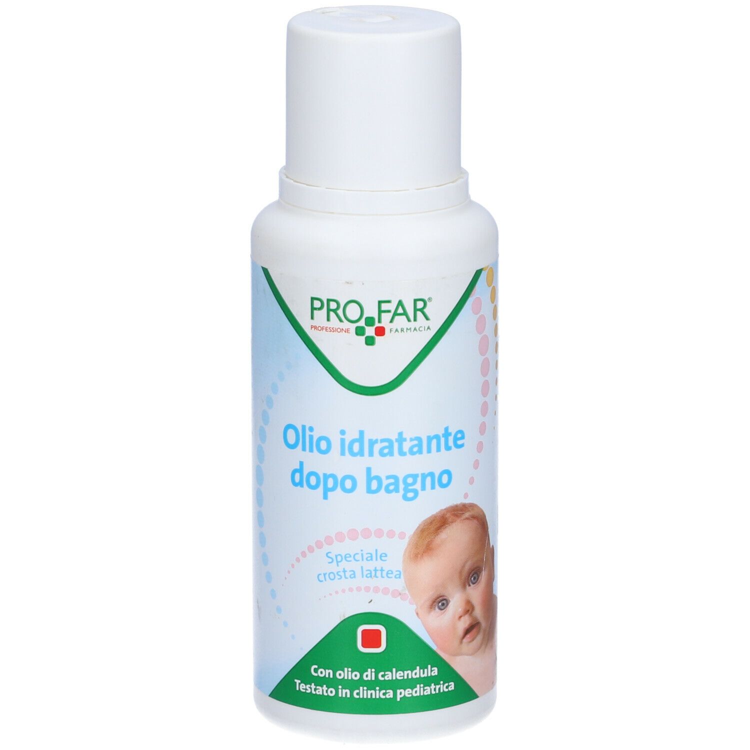 Flacone bianco con etichetta verde e blu. Testo: PROFAR, Olio idratante dopo bagno, speciale crosta lattea. Illustrazione bambino.