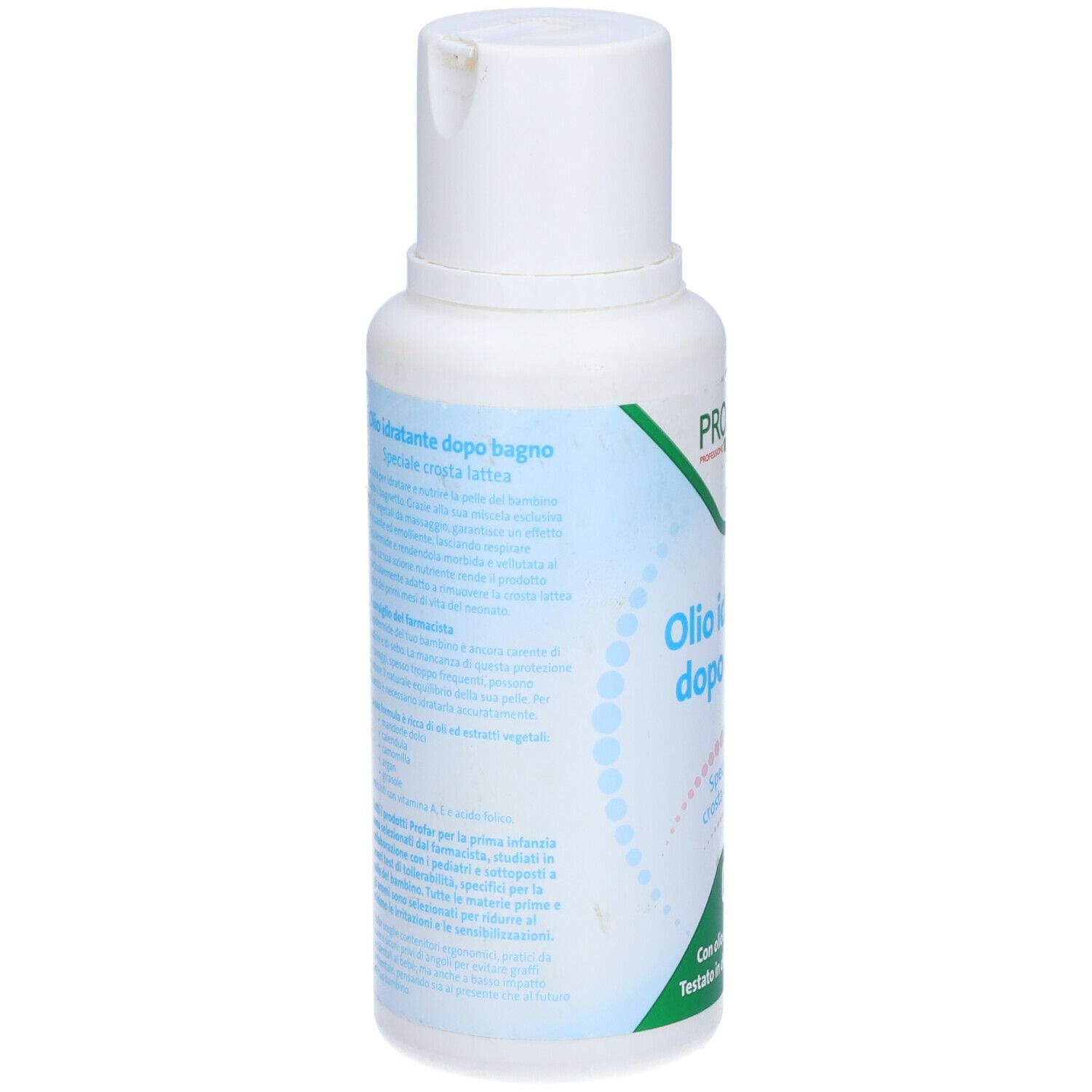 Flacone bianco, retro con testo. Testo: Olio idratante dopo bagno, speciale crosta lattea. Ingredienti, istruzioni per l'uso.