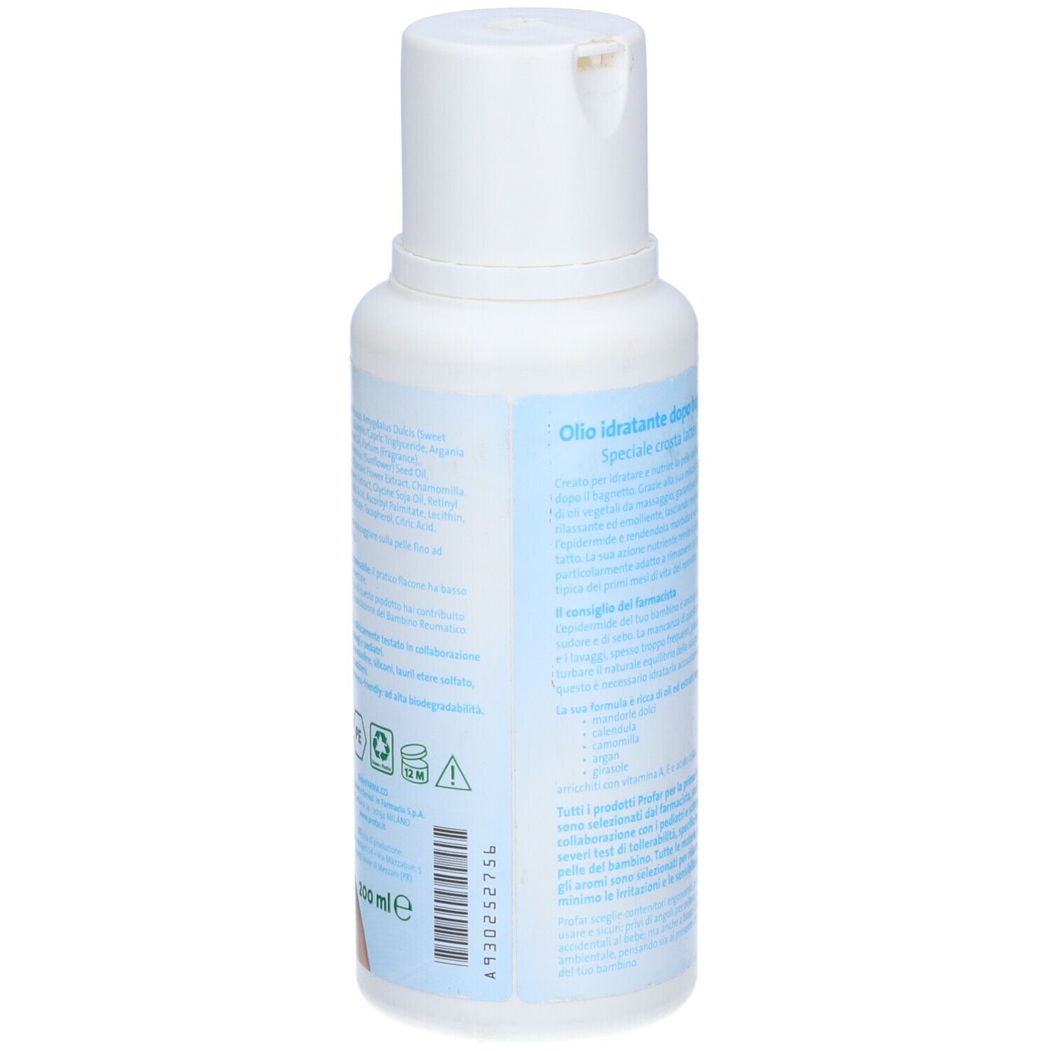 Flacone bianco, retro con testo. Testo: Olio idratante dopo bagno, speciale crosta lattea. Ingredienti, simboli di riciclaggio.