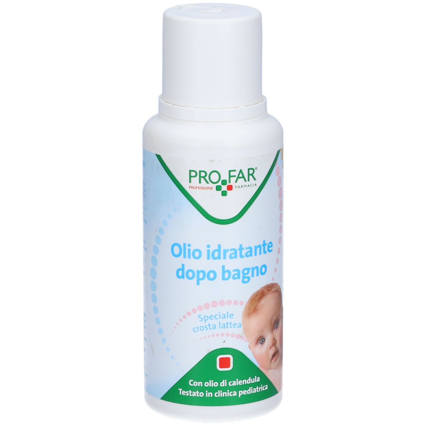 Flacone bianco con etichetta verde e blu. Testo: PROFAR, Olio idratante dopo bagno, speciale crosta lattea. Illustrazione bambino.
