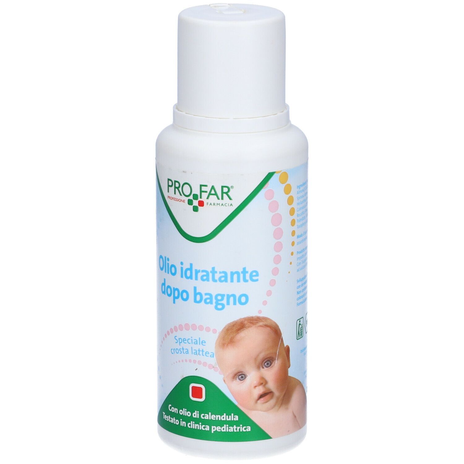 Flacone bianco con etichetta verde e blu. Testo: PROFAR, Olio idratante dopo bagno, speciale crosta lattea. Illustrazione bambino.