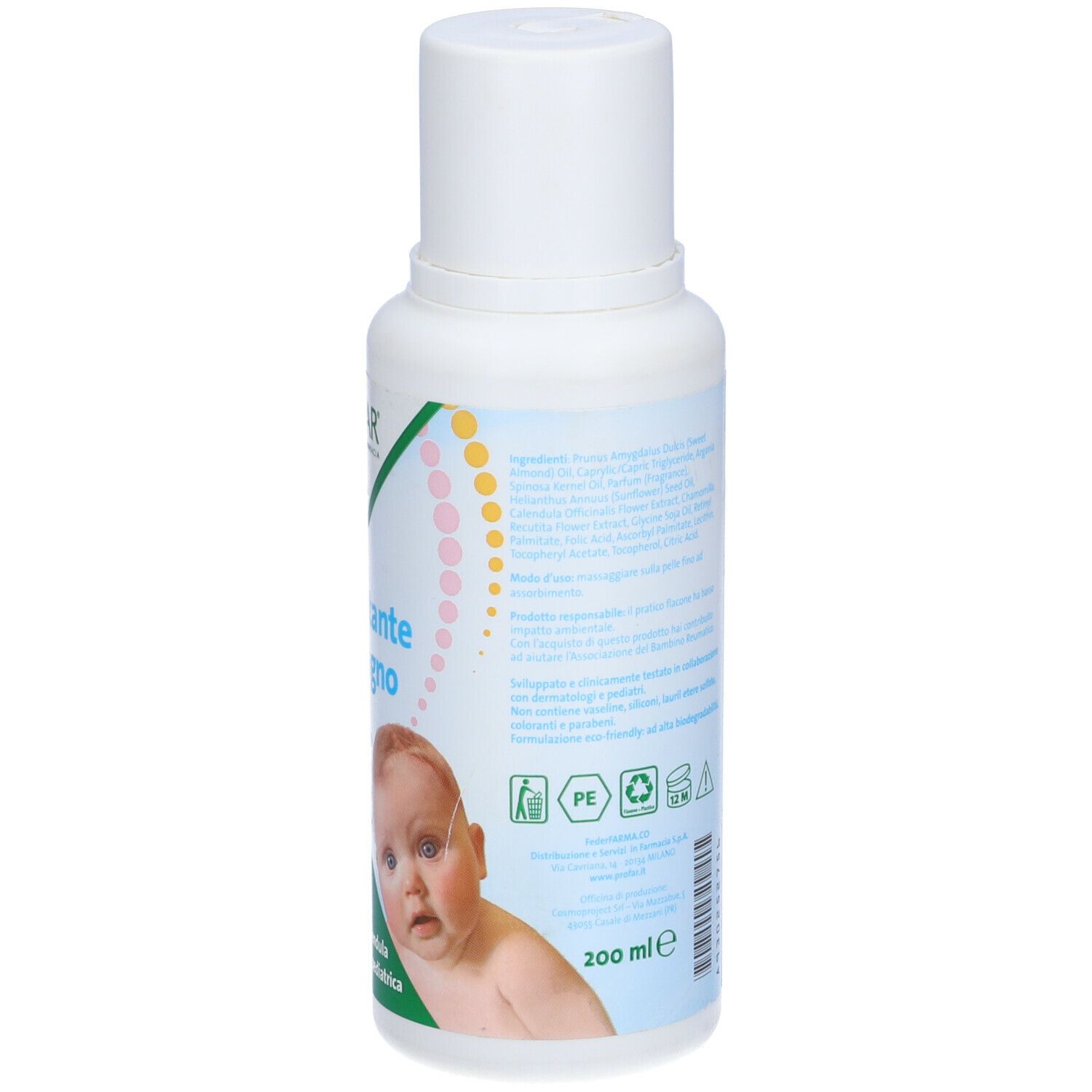 Flacone bianco, retro con testo. Testo: Olio idratante dopo bagno, speciale crosta lattea. Ingredienti, illustrazione bambino, 200 ml.