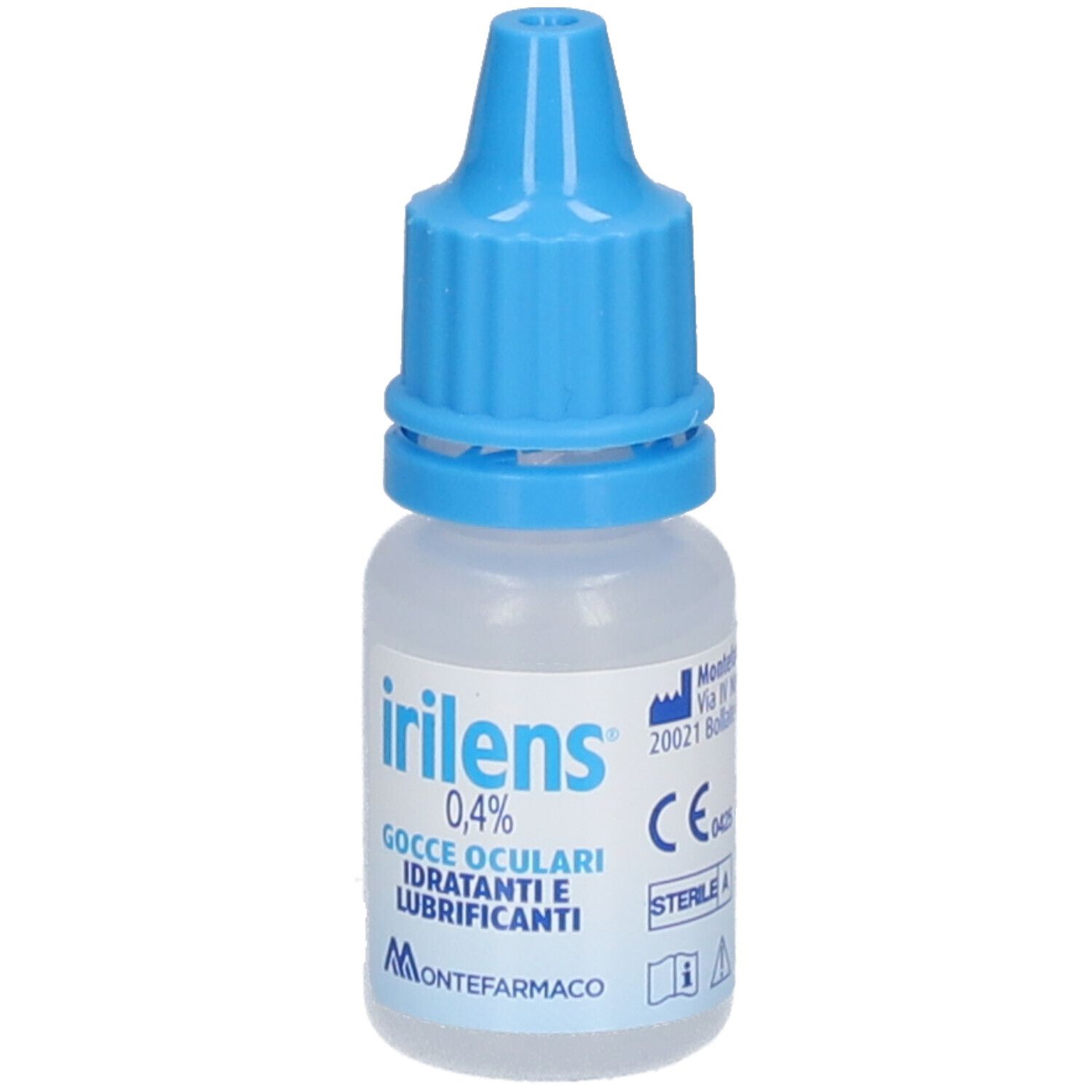 Augentropfenflasche mit blauem Verschluss. Aufschrift: irilens 0,4%. Gocce Oculari. Montefarmaco.