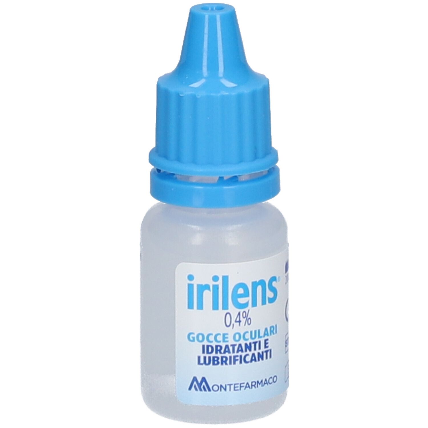 Augentropfenflasche mit blauem Verschluss. Aufschrift: irilens 0,4%. Gocce Oculari. Montefarmaco.