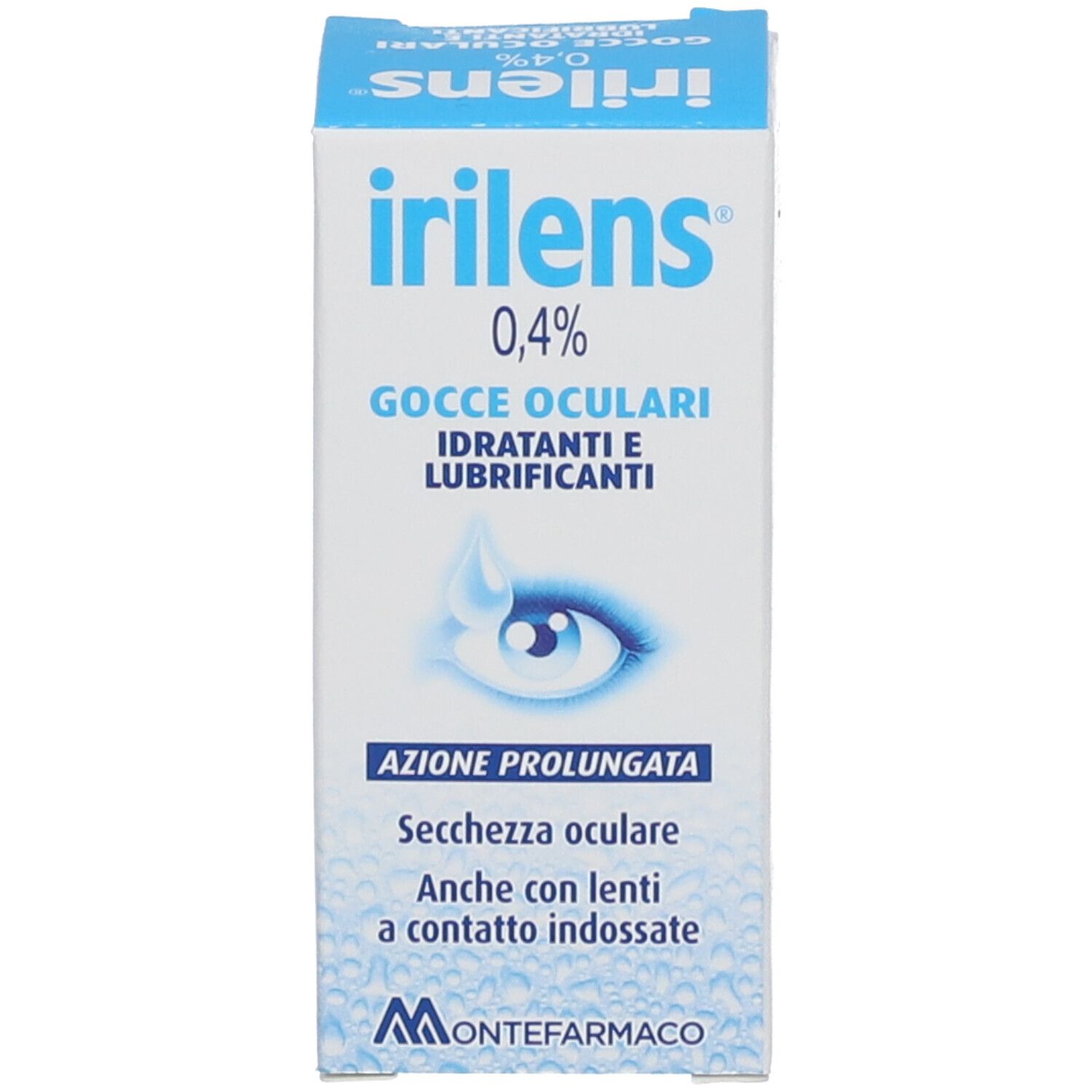 Kartonverpackung mit Aufschrift: irilens 0,4%. Gocce Oculari. Abbildung eines Auges.