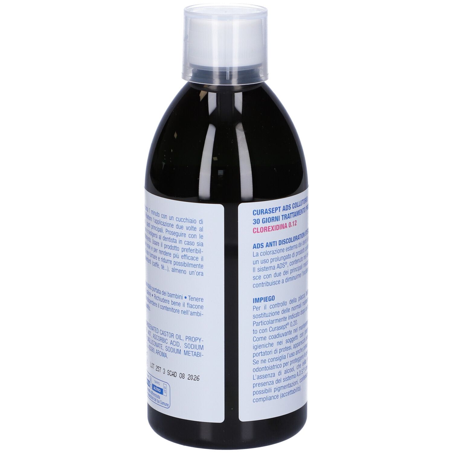 Flasche mit dunkler Mundspülung, 500 ml. Rückseite mit detaillierten Anwendungshinweisen und Inhaltsstoffen.