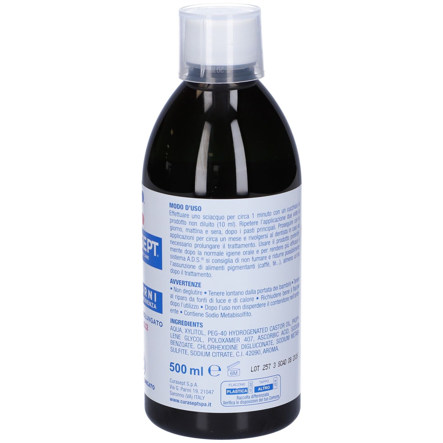 Flasche mit dunkler Mundspülung, 500 ml. Etikett mit Anwendungshinweisen und Inhaltsstoffen.