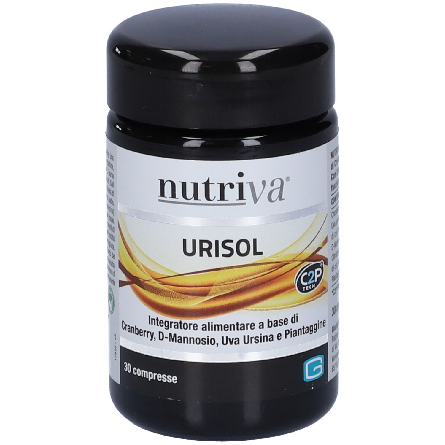 Flacone nero. Scritta: Nutriva, URISOL. 30 compresse. C2P Tech.