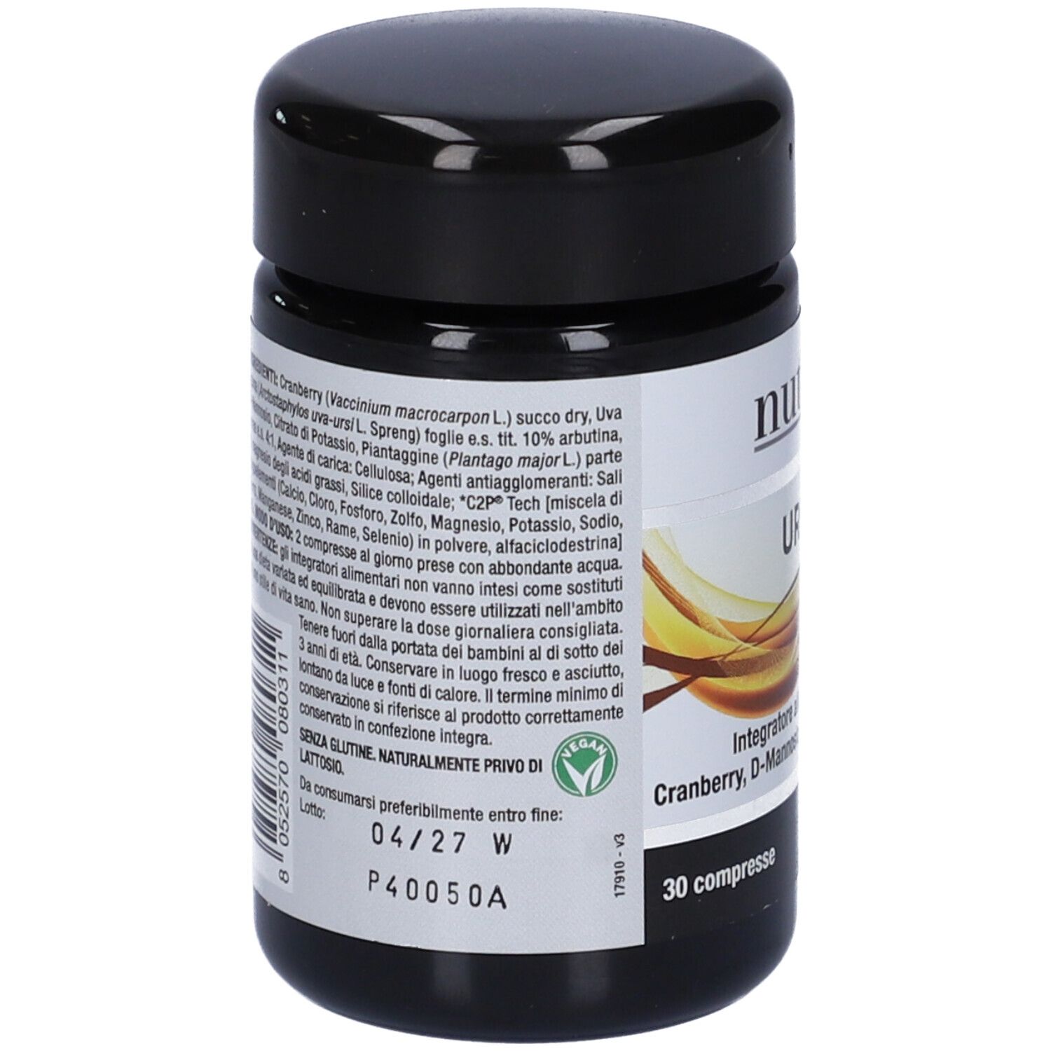 Flacone nero. Retro con ingredienti e istruzioni. 30 compresse.