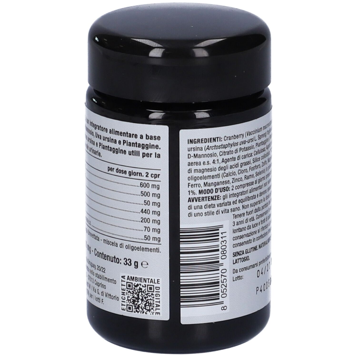 Flacone nero. Retro con informazioni nutrizionali. 30 compresse. 33 g.