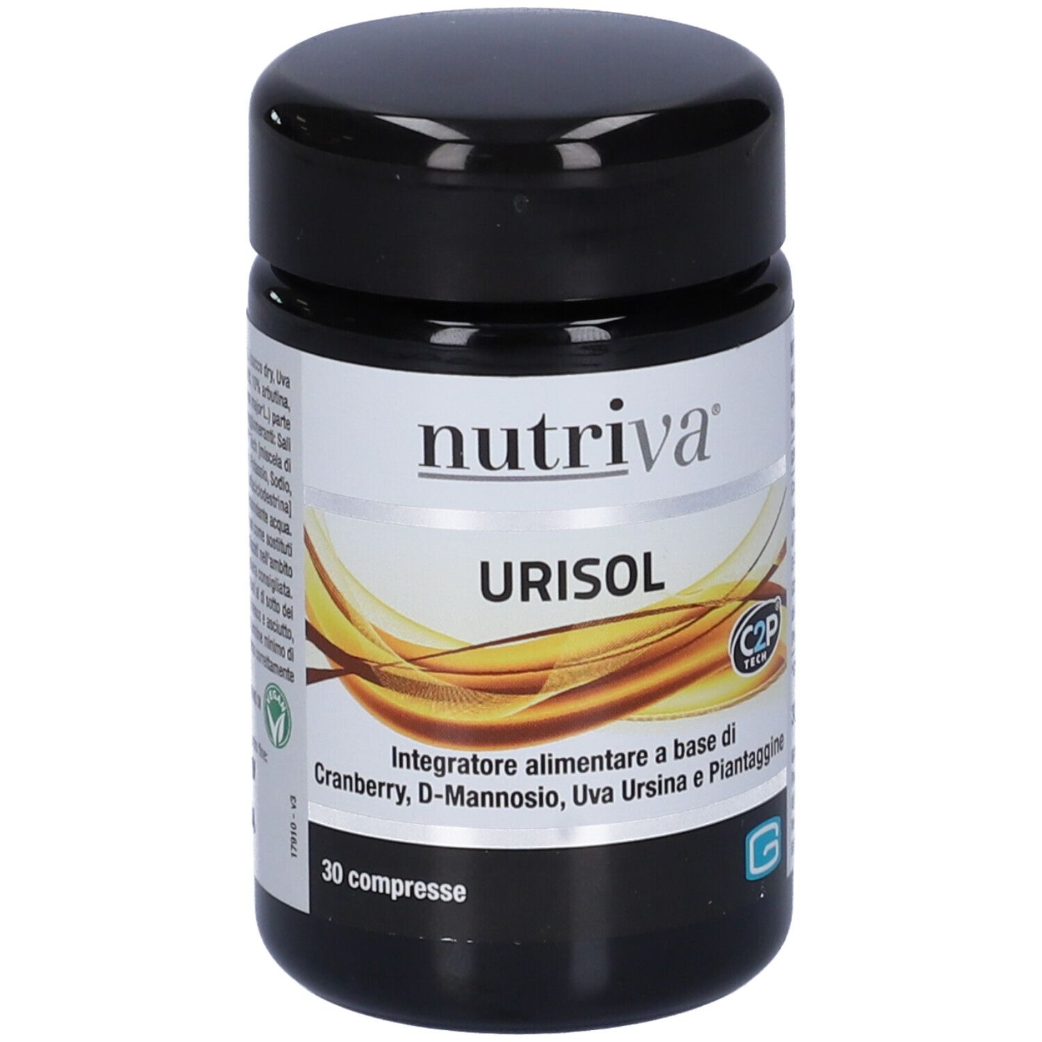 Flacone nero. Scritta: Nutriva, URISOL. 30 compresse. C2P Tech.