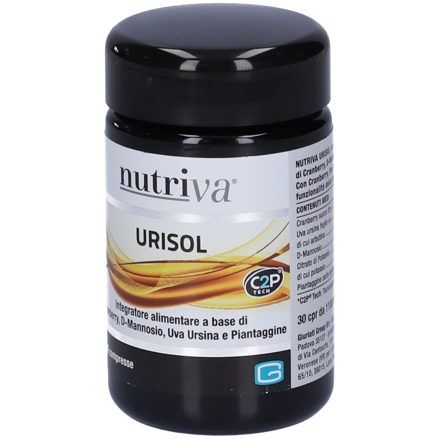 Flacone nero. Scritta: Nutriva, URISOL. 30 compresse. C2P Tech.