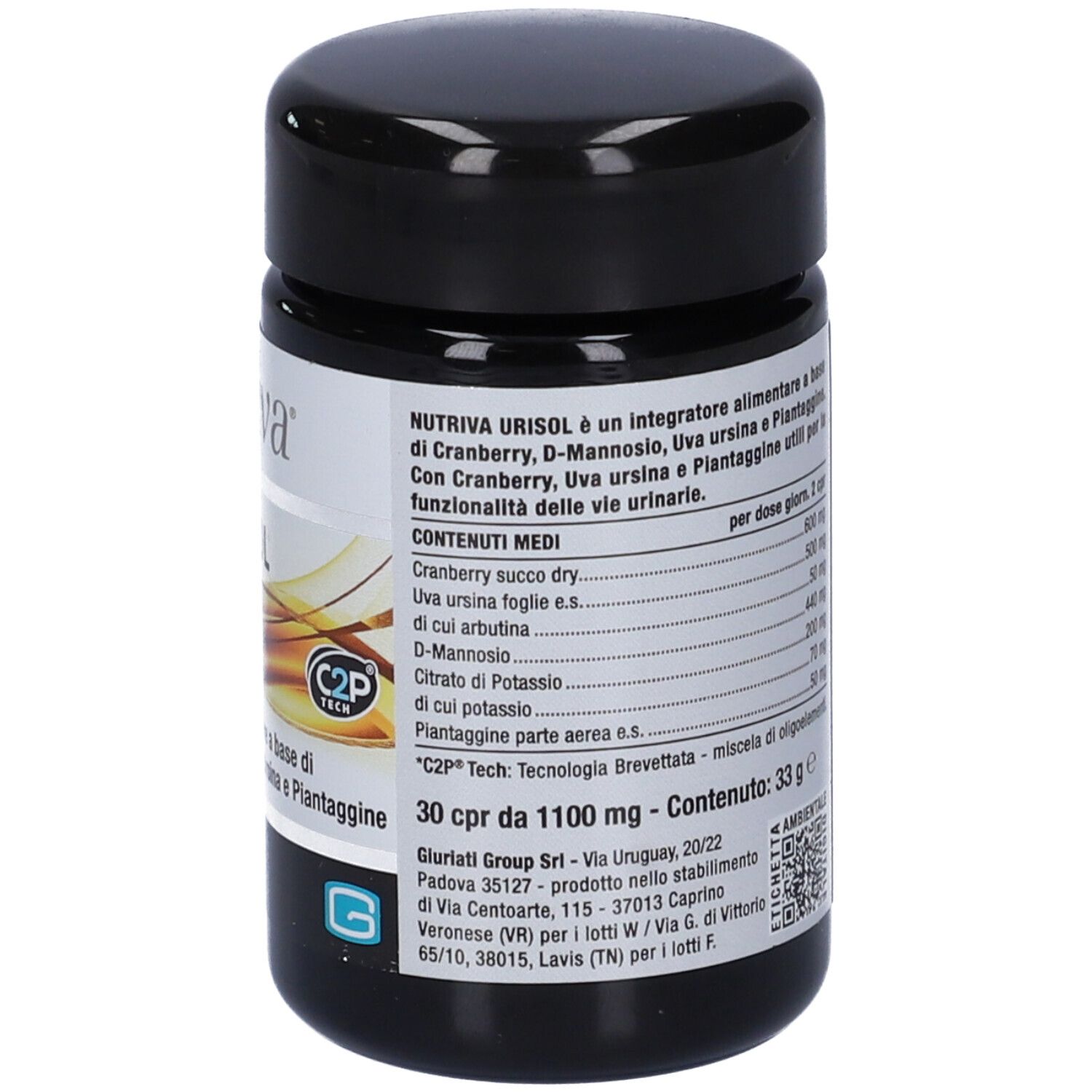 Flacone nero. Ingredienti e informazioni nutrizionali. 30 compresse.