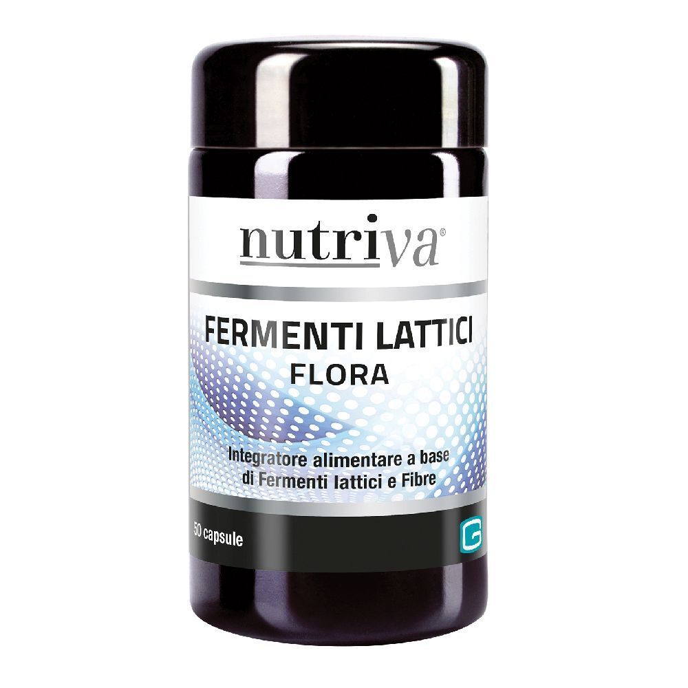 Barattolo nero con etichetta bianca. Scritta: Nutriva, Fermenti Lattici Flora. 50 capsule.