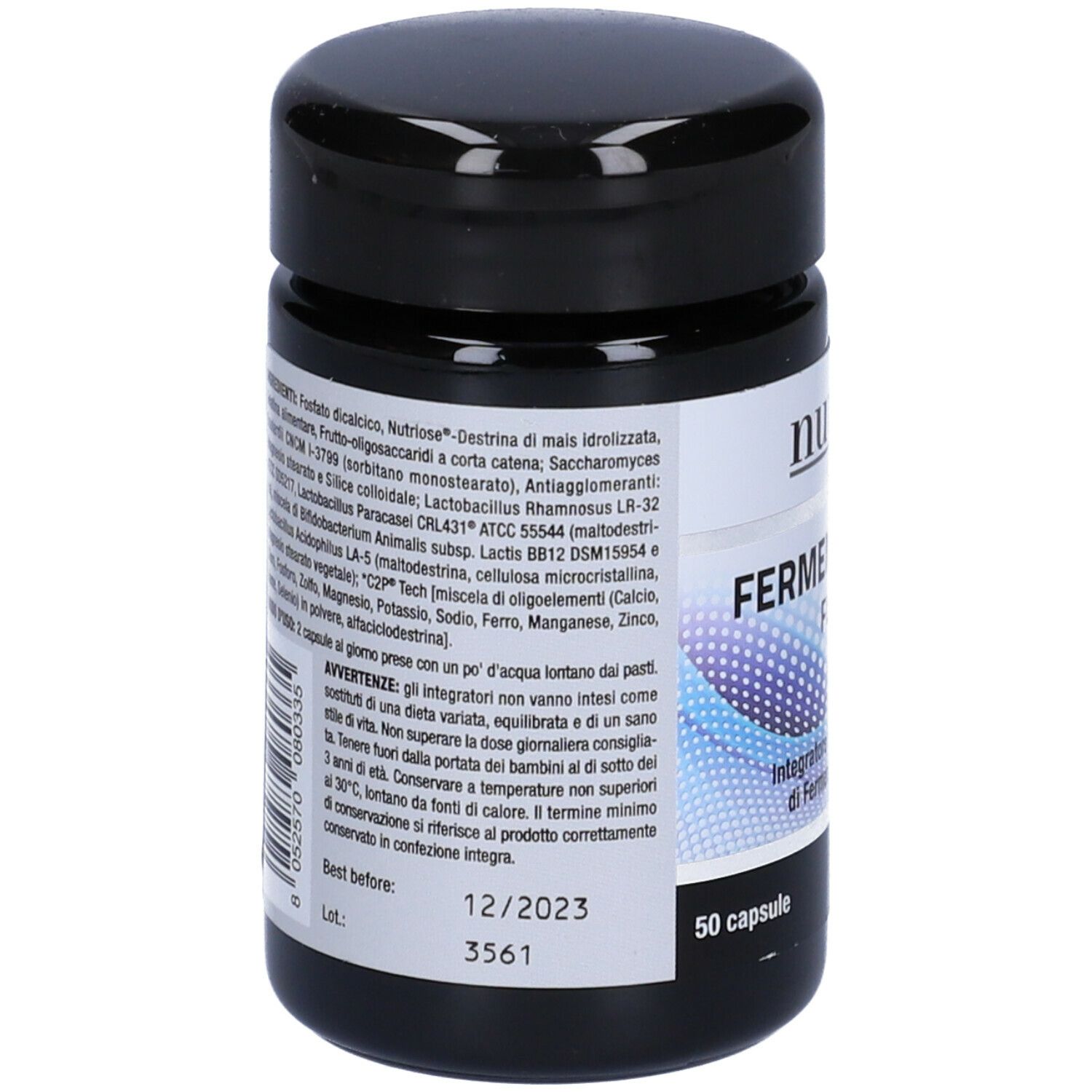 Barattolo nero con etichetta bianca. Scritta: Nutriva, Fermenti Lattici Flora. Elenco ingredienti e data di scadenza.