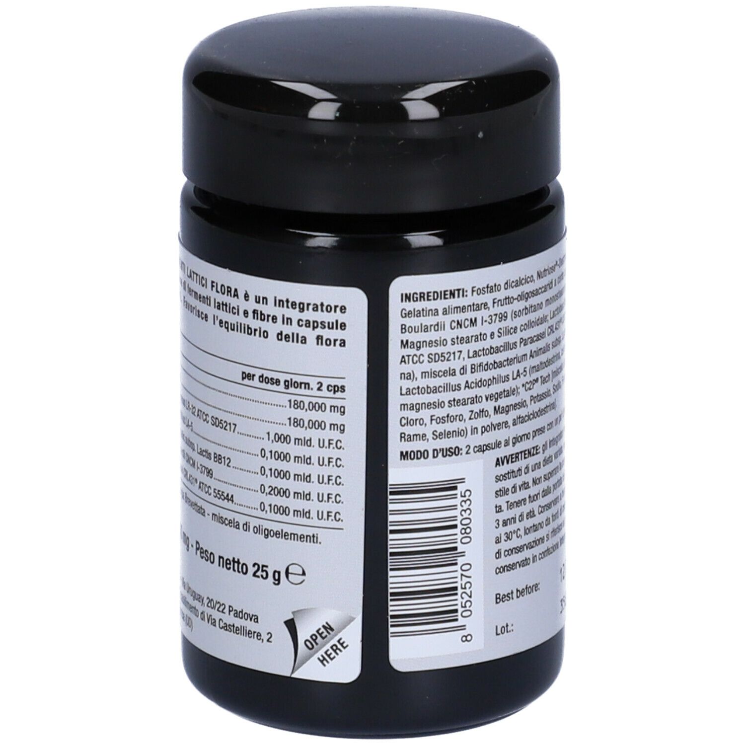 Barattolo nero con etichetta bianca. Scritta: Nutriva, Fermenti Lattici Flora. Elenco ingredienti e informazioni nutrizionali.