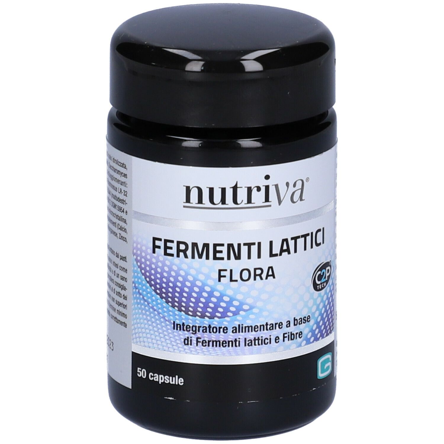 Barattolo nero con etichetta bianca. Scritta: Nutriva, Fermenti Lattici Flora. 50 capsule. C2P Tech.