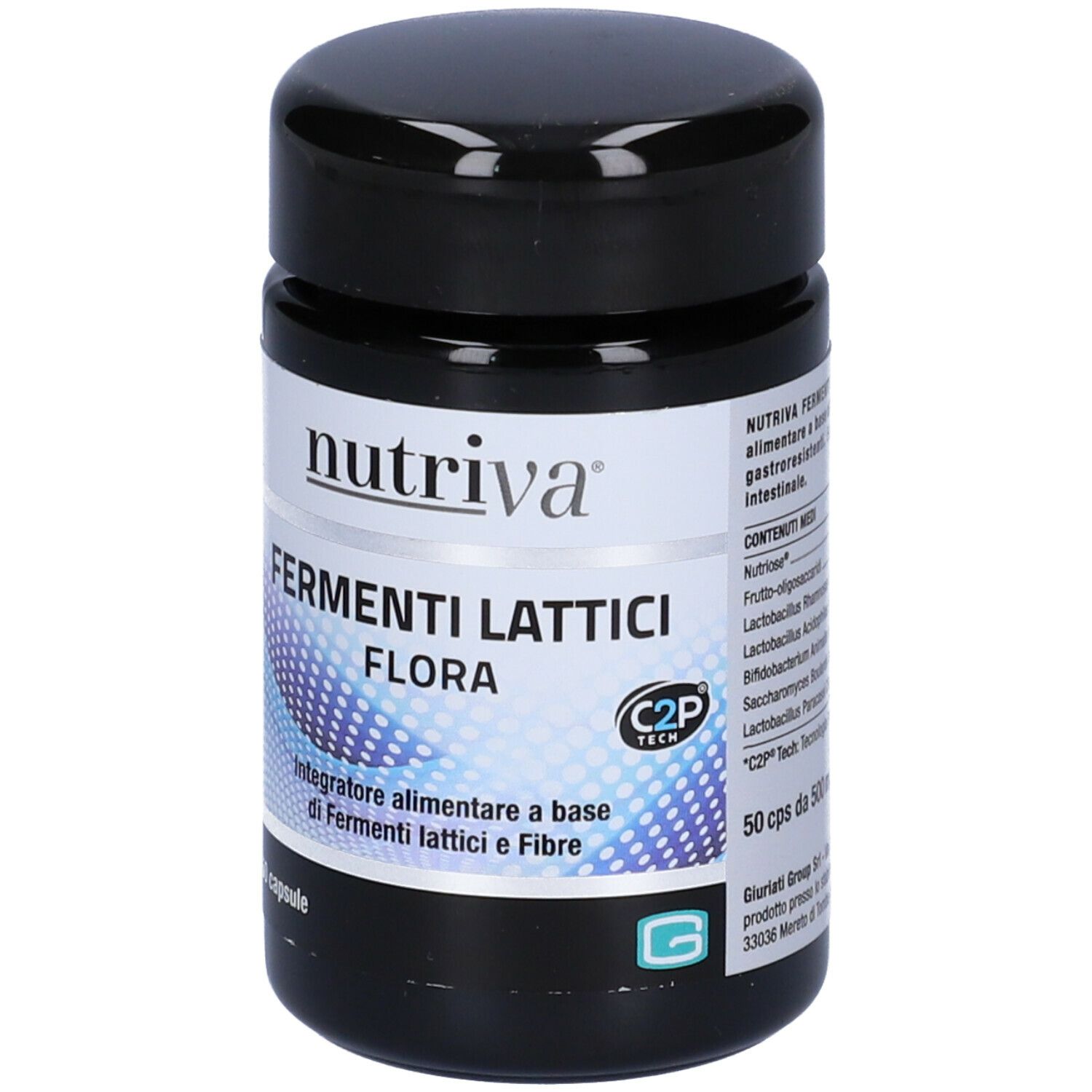 Barattolo nero con etichetta bianca. Scritta: Nutriva, Fermenti Lattici Flora. 50 capsule. C2P Tech.