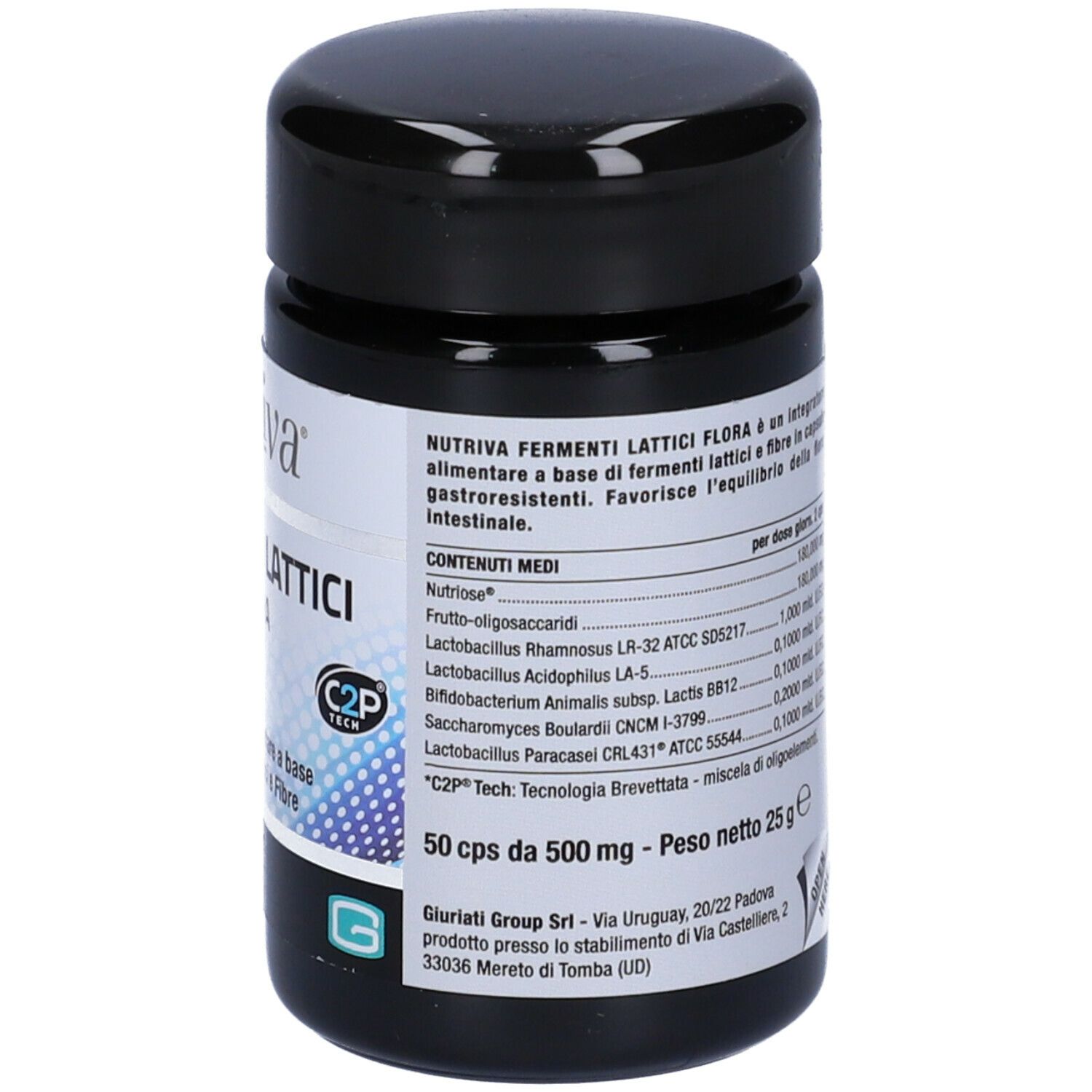 Barattolo nero con etichetta bianca. Scritta: Nutriva, Fermenti Lattici Flora. 50 capsule. C2P Tech.