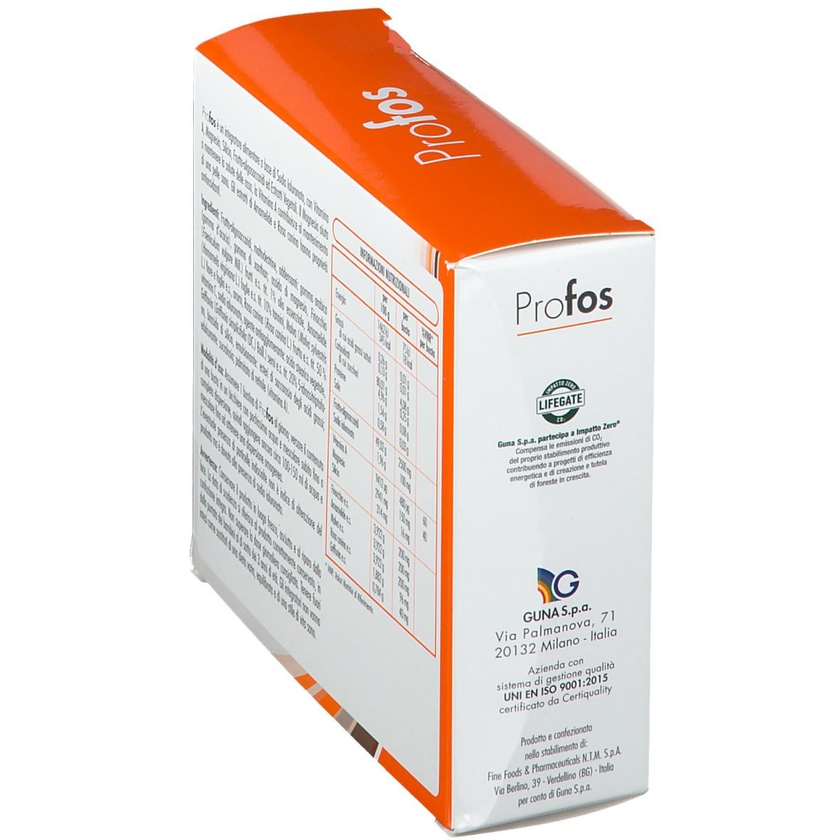 Vista laterale della confezione Profos con testo e logo. Certificazione ISO 9001.
