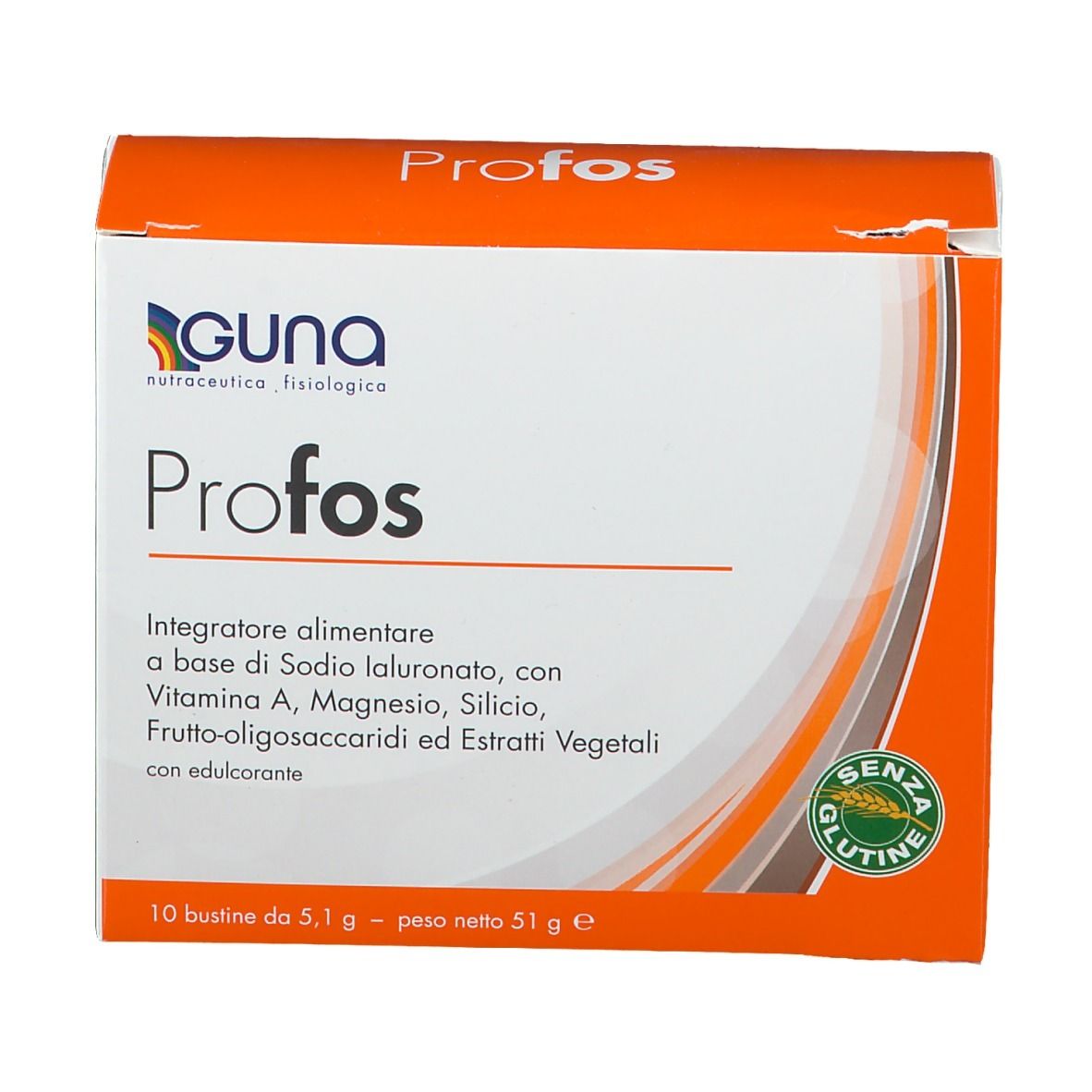 Vista frontale della confezione Profos. Logo Guna, nome del prodotto, ingredienti e sigillo senza glutine.